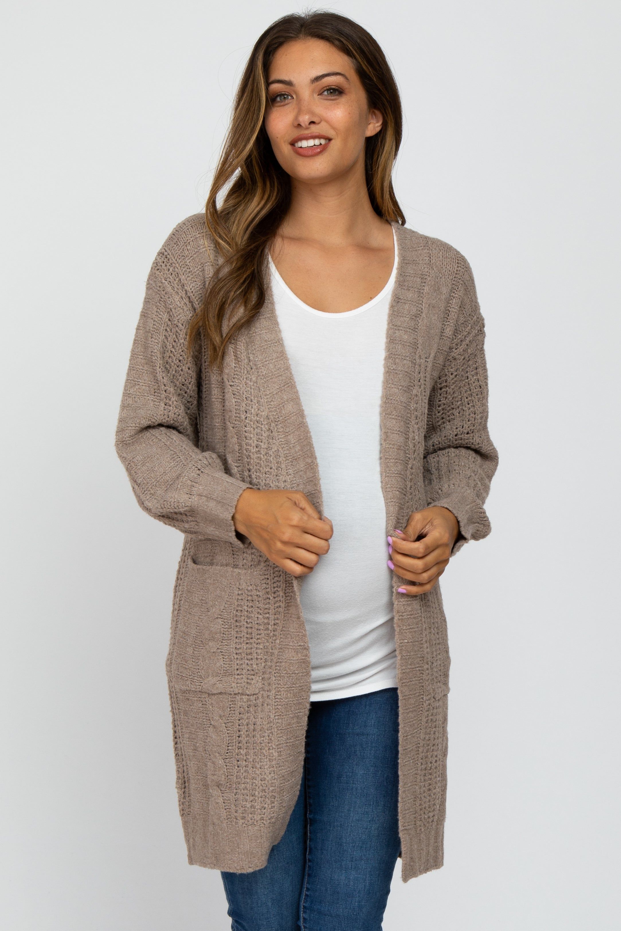 Taupe Mixed Knit Chunky Maternity Cardigan sold by Pinkblush