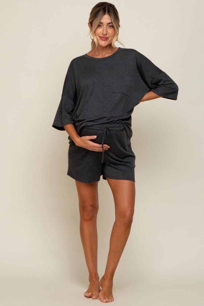 Charcoal Pocket Front Short Sleeve Maternity Pajama Short Set sold by Pinkblush