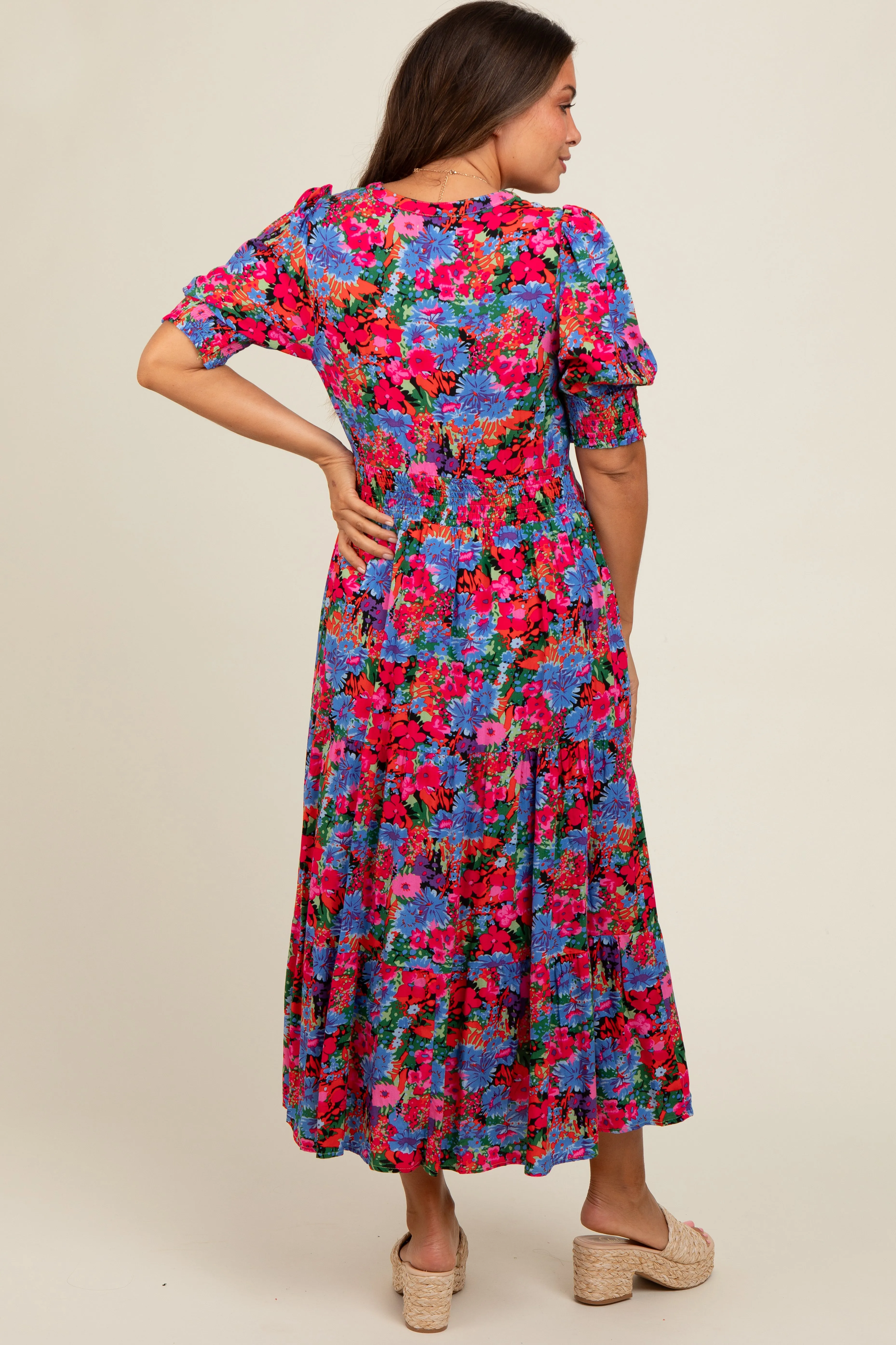 Blue Floral Smocked Waist Maternity Midi Dress sold by Pinkblush product image thumbnail 2