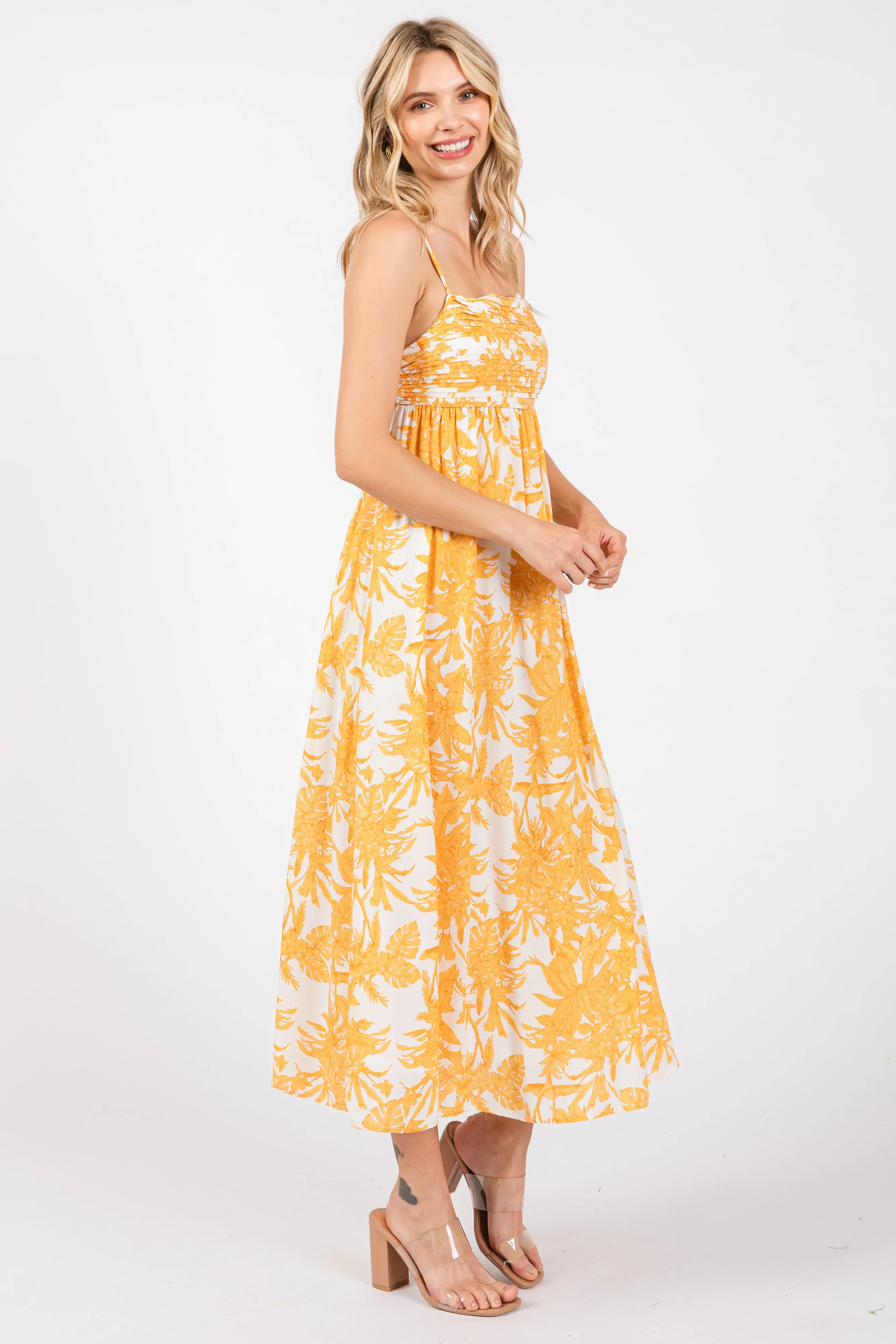 Yellow Floral Pleated Front Back Cut-Out Midi Dress sold by Pinkblush product image thumbnail 3