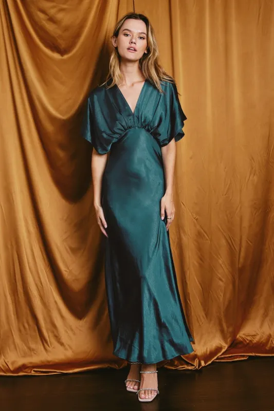 Deep Teal Satin Blouson Maxi Dress sold by Pinkblush
