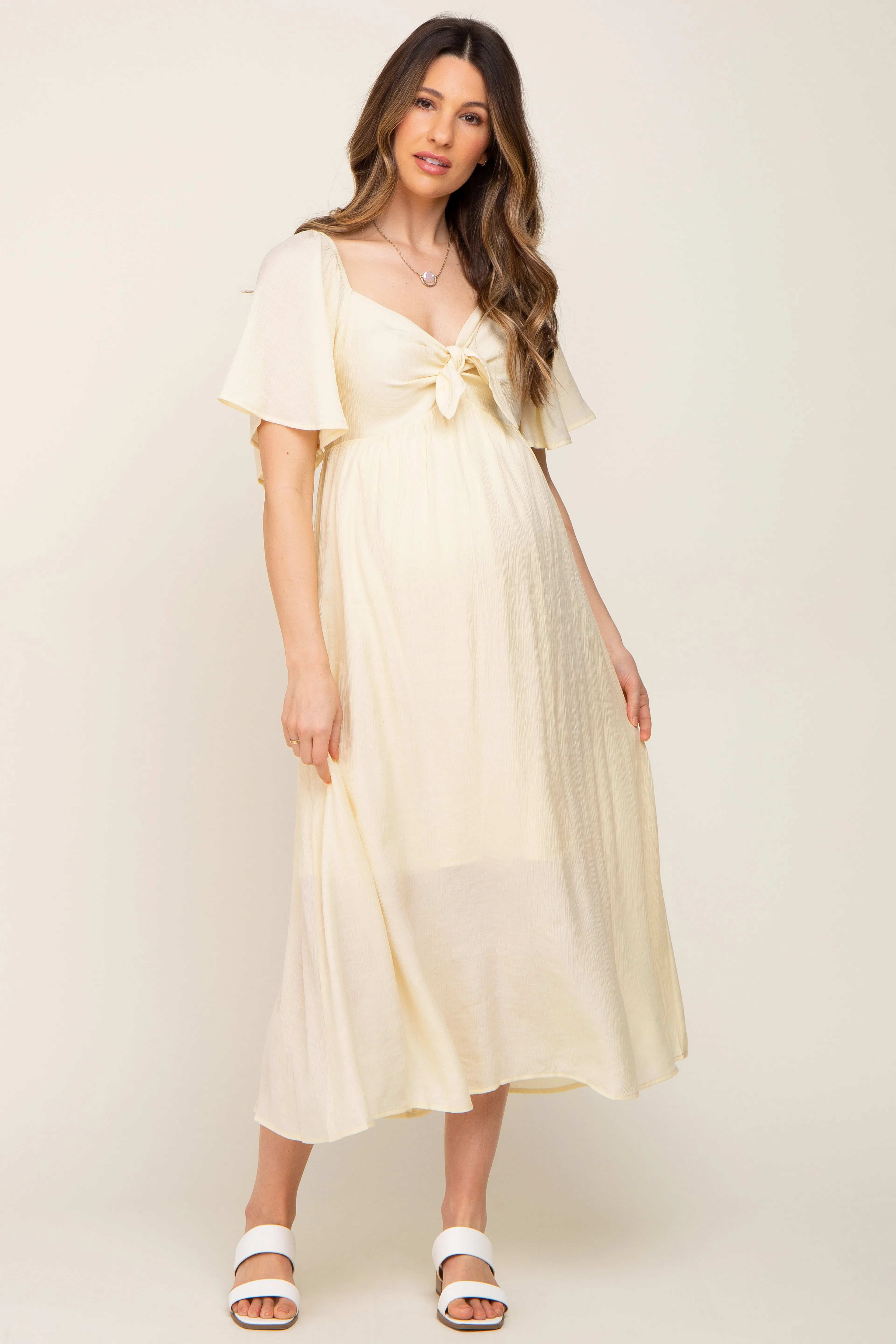 Cream Front Tie Ruffle Sleeve Maternity Midi Dress sold by Pinkblush product image thumbnail 4