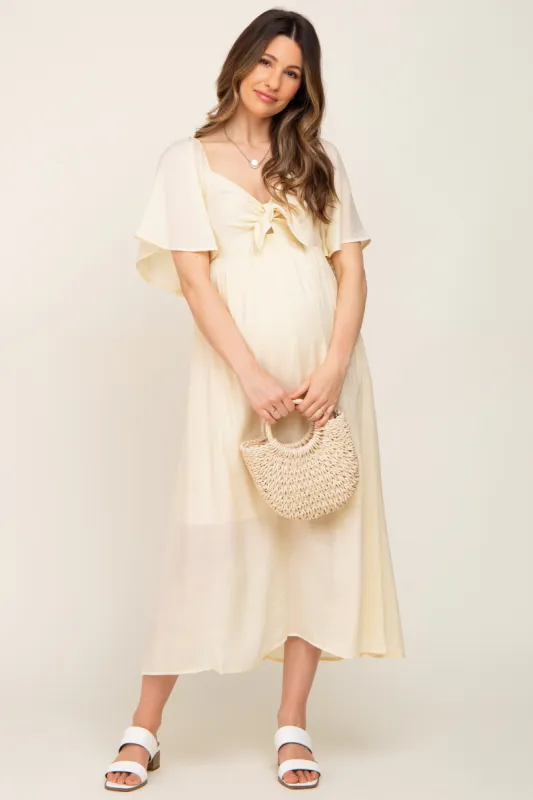 Cream Front Tie Ruffle Sleeve Maternity Midi Dress sold by Pinkblush