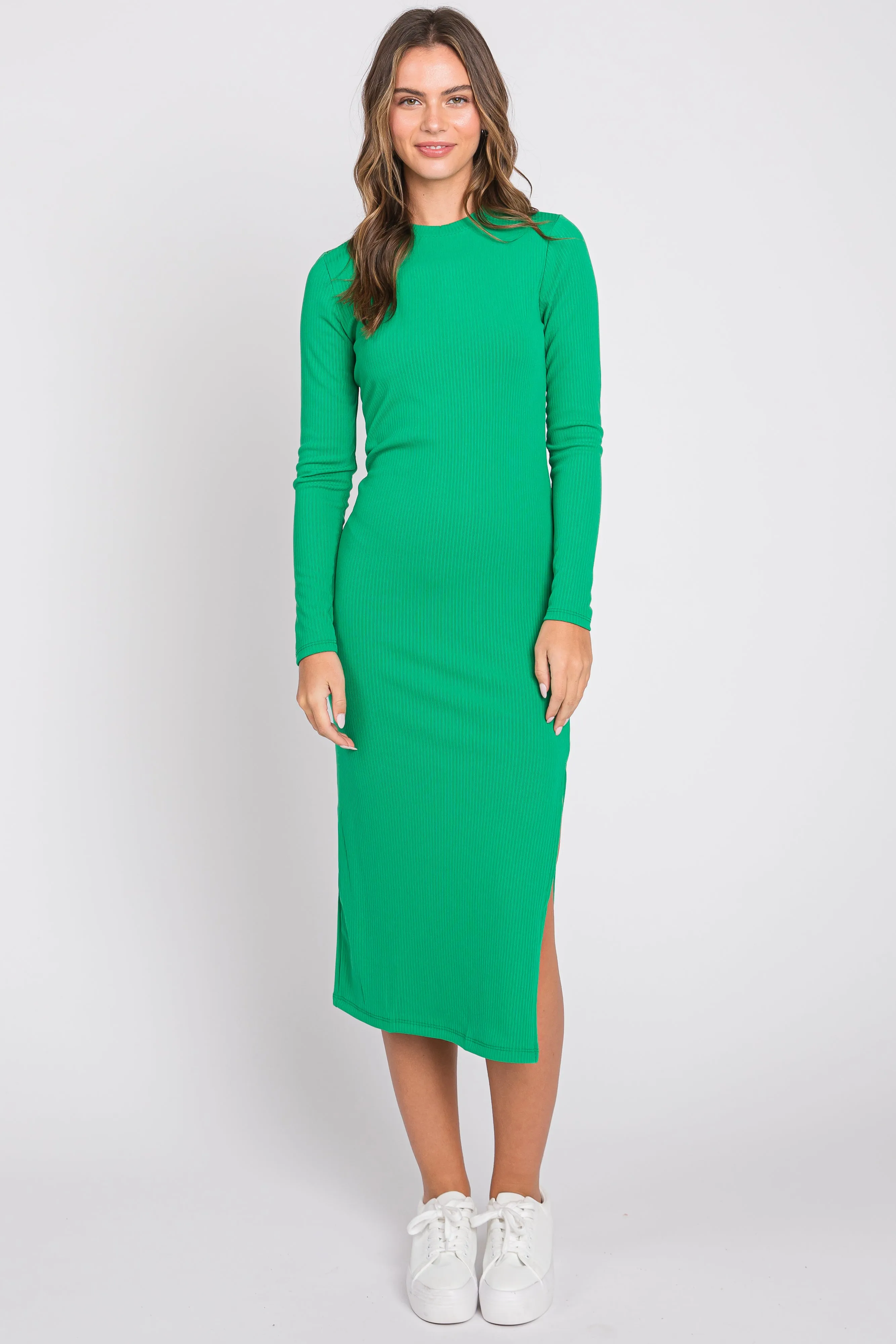 Green Ribbed Mock Neck Long Sleeve Maternity Midi Dress sold by Pinkblush product image thumbnail 4