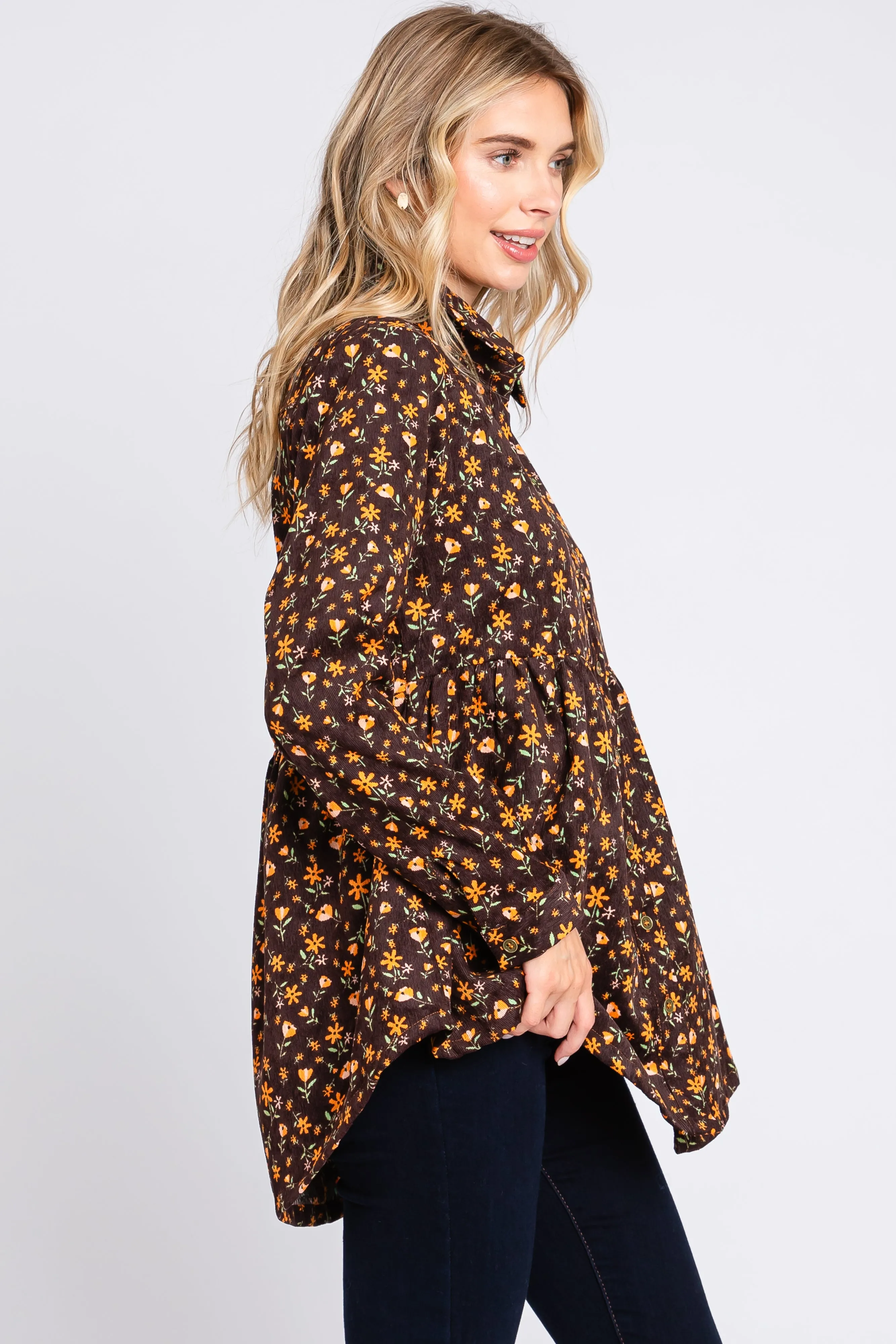 Brown Floral Corduroy Button Up Top sold by Pinkblush product image thumbnail 2