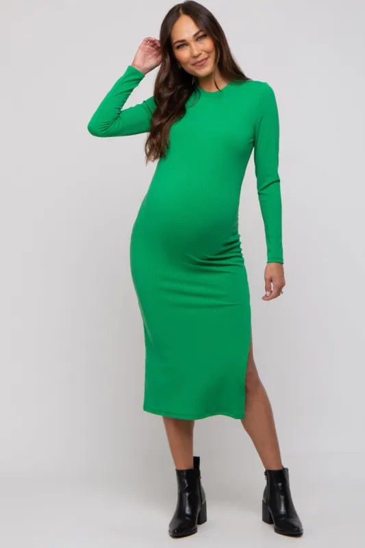 Green Ribbed Mock Neck Long Sleeve Maternity Midi Dress sold by Pinkblush
