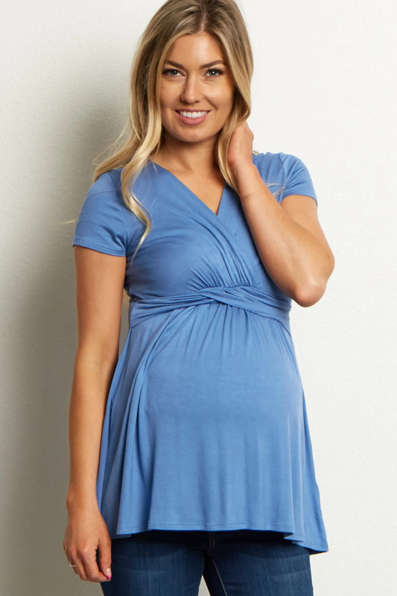 PinkBlush Blue Draped Front Maternity/Nursing Top sold by Pinkblush