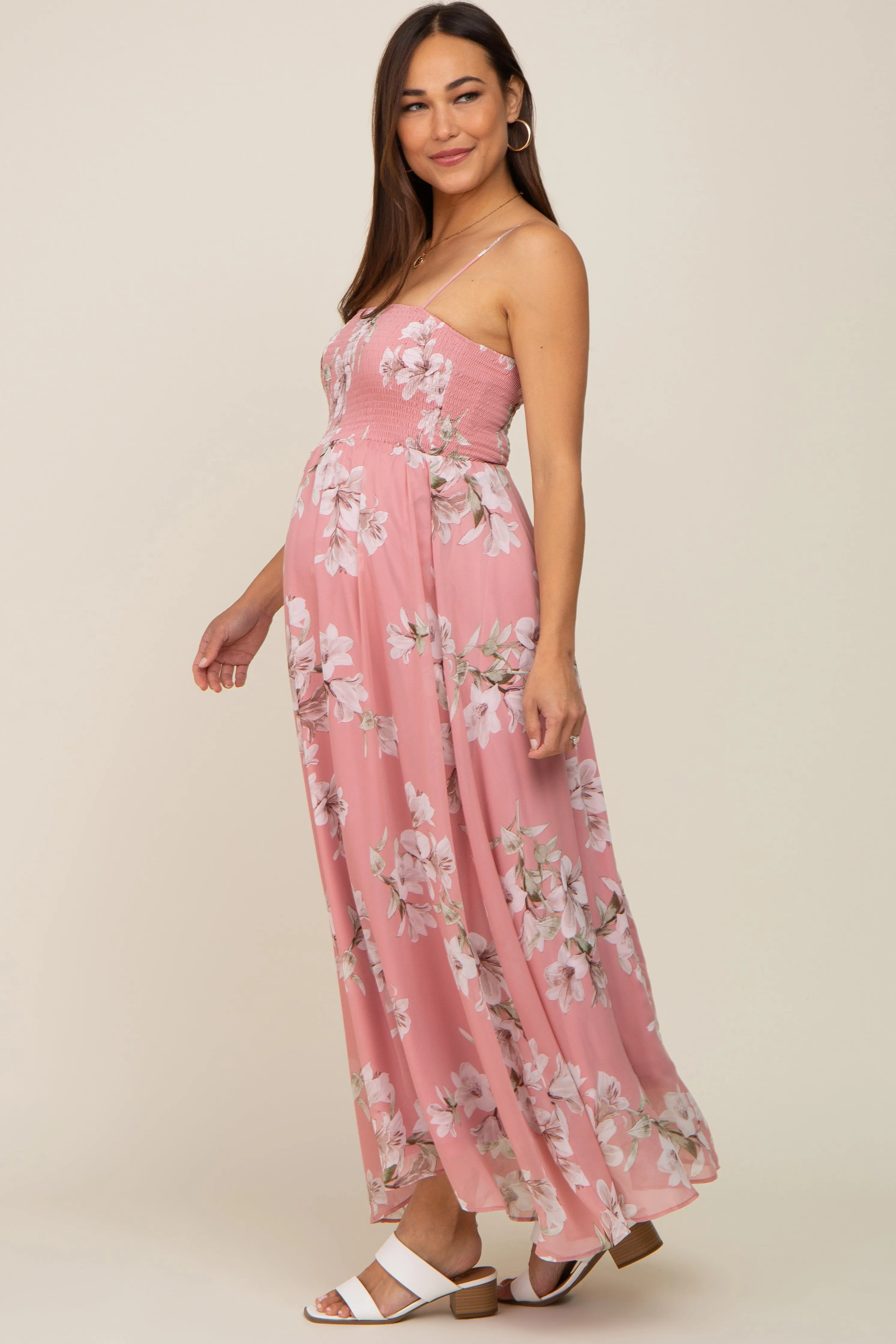 Mauve Floral Sleeveless Smocked Maternity Maxi Dress sold by Pinkblush product image thumbnail 2