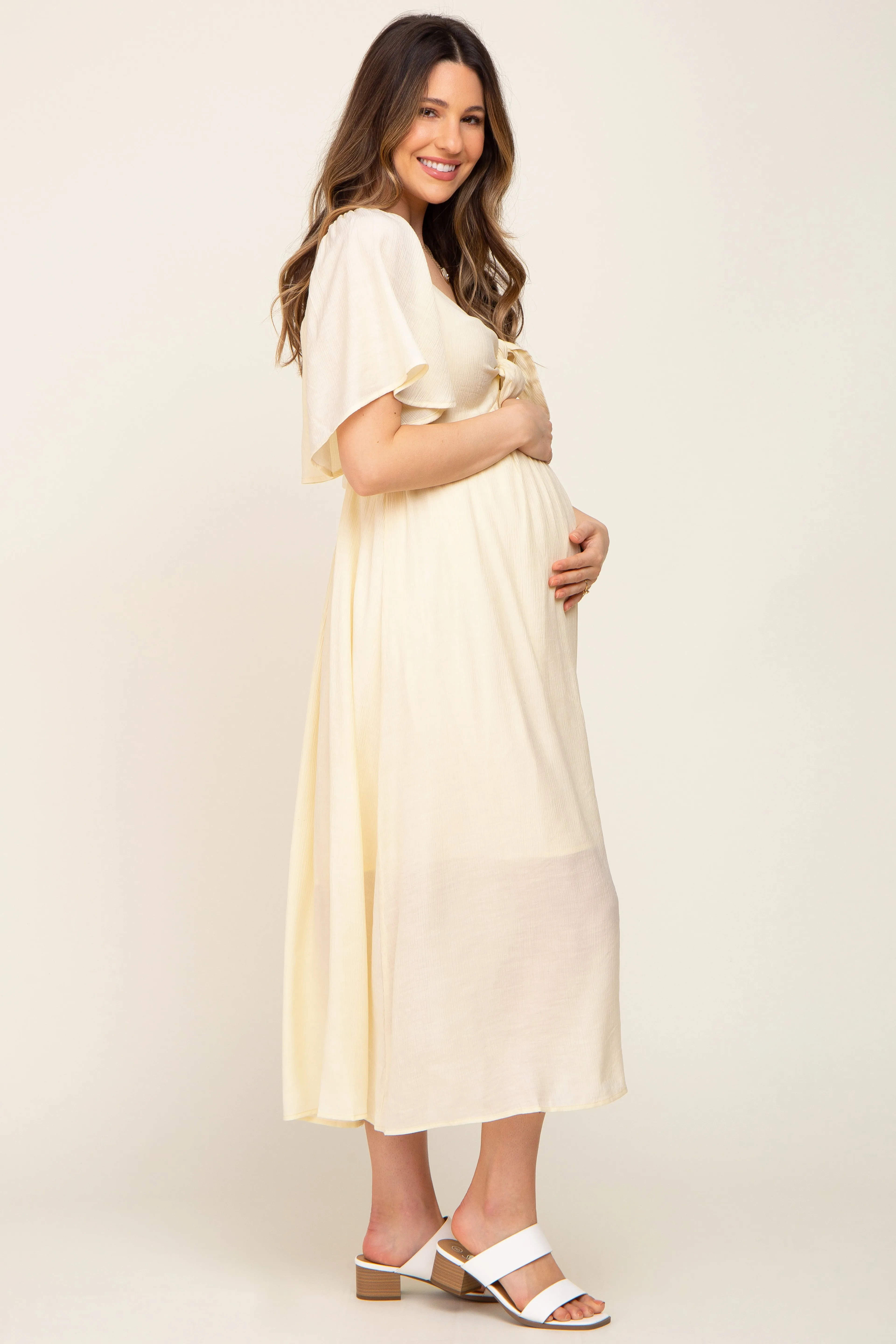 Cream Front Tie Ruffle Sleeve Maternity Midi Dress sold by Pinkblush product image thumbnail 2