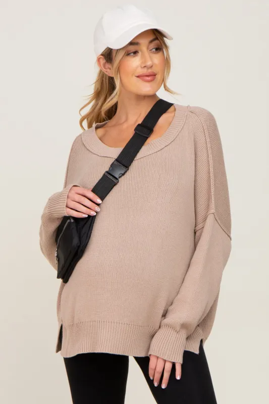 Taupe Exposed Seam Side Slit Maternity Sweater sold by Pinkblush