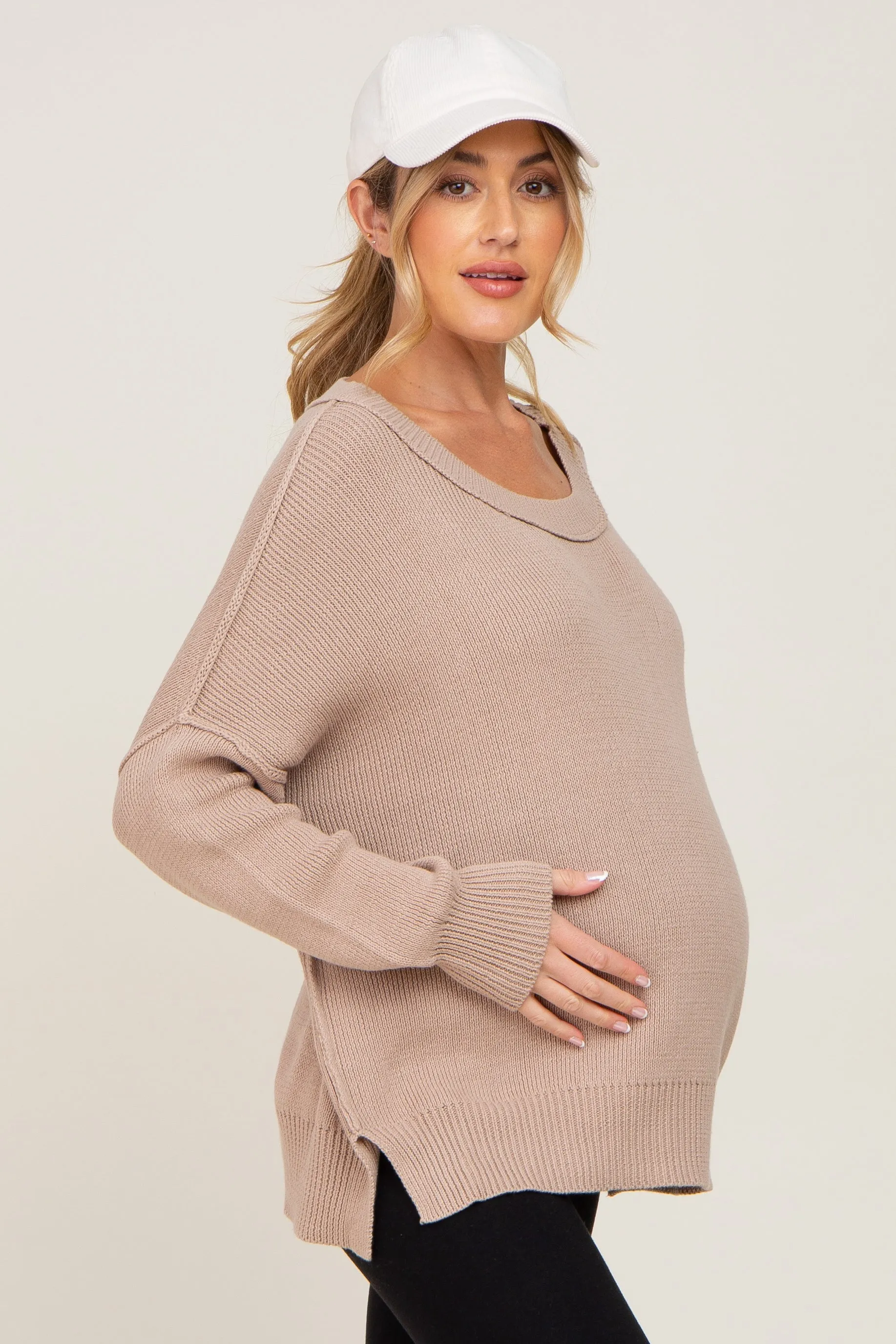 Taupe Exposed Seam Side Slit Maternity Sweater sold by Pinkblush product image thumbnail 2