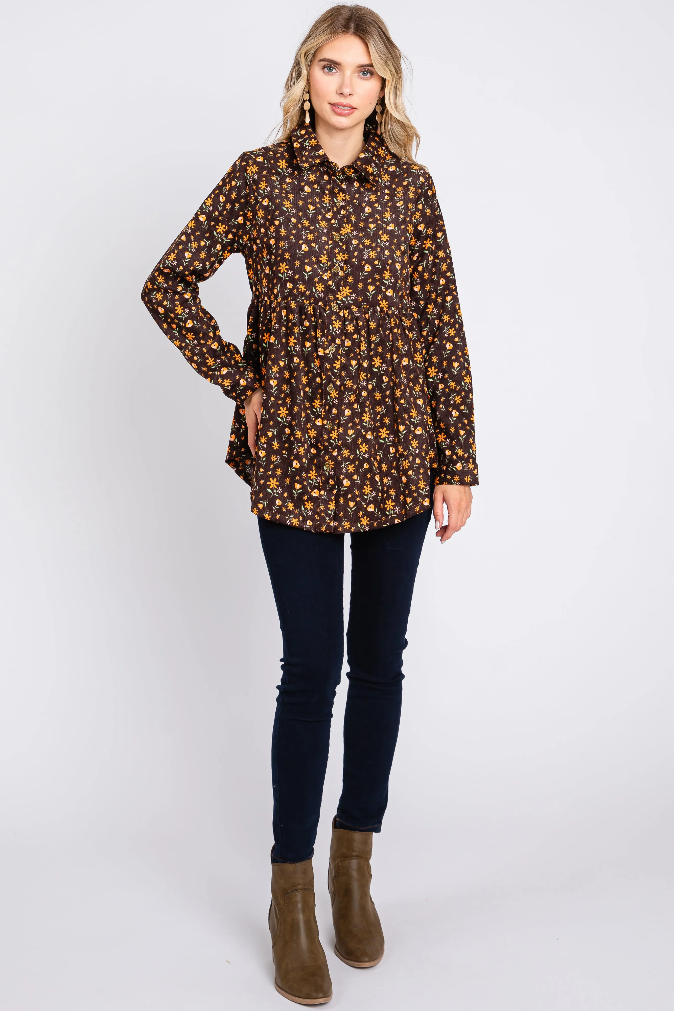 Brown Floral Corduroy Button Up Top sold by Pinkblush product image thumbnail 4