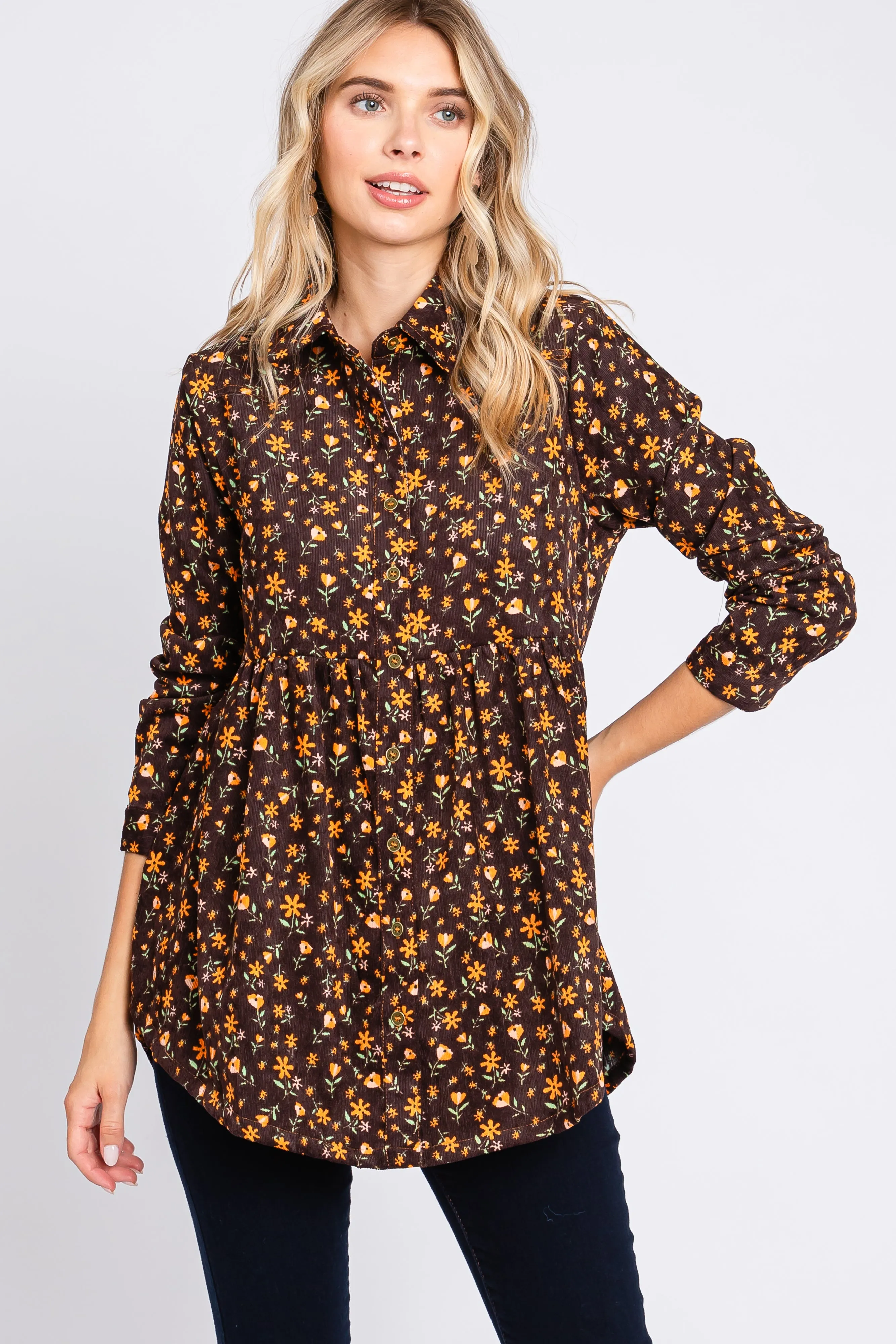 Brown Floral Corduroy Button Up Top sold by Pinkblush