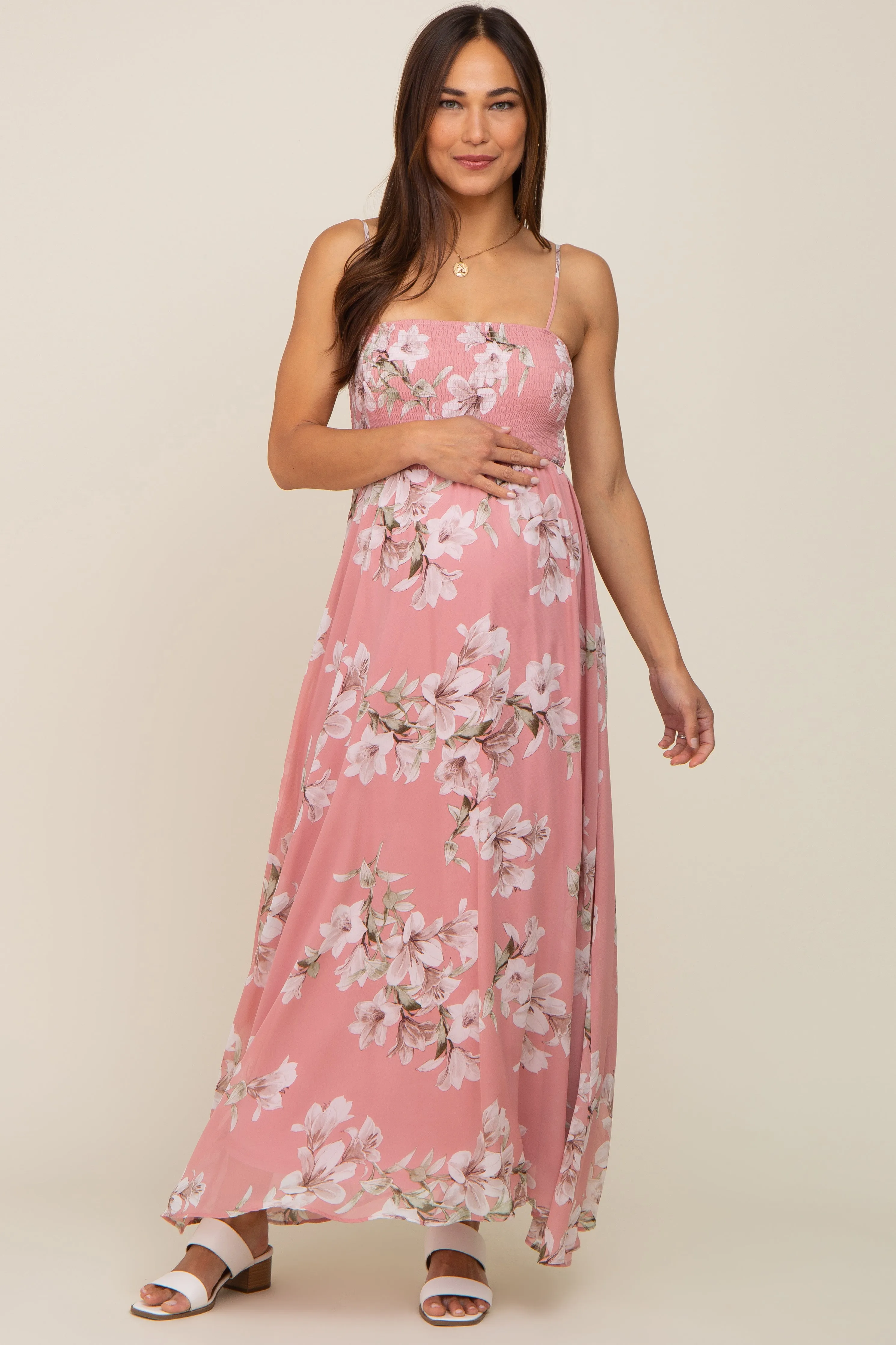 Mauve Floral Sleeveless Smocked Maternity Maxi Dress sold by Pinkblush