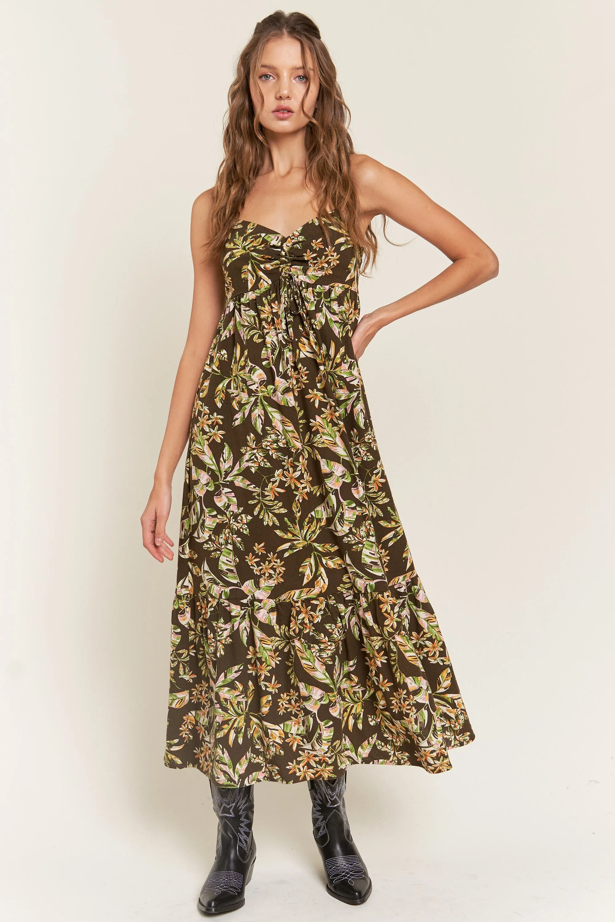 Brown Floral Sleeveless Front Cinched Midi Dress sold by Pinkblush
