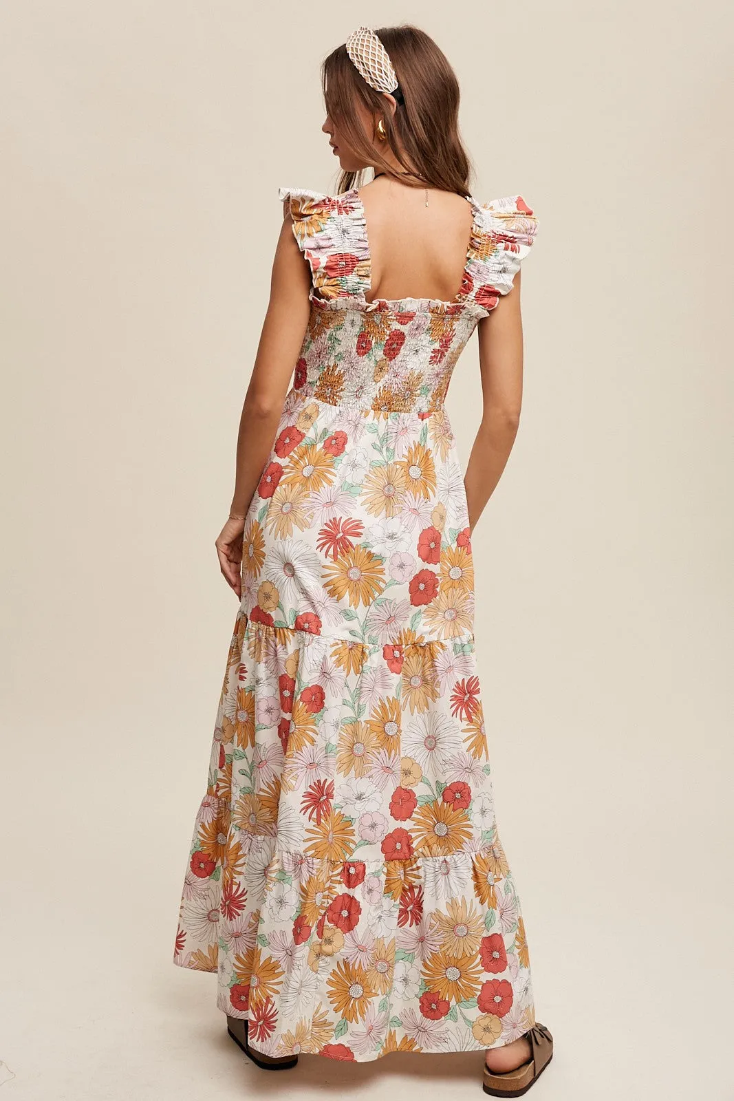 Ivory Floral Smocked Tiered Maxi Dress sold by Pinkblush product image thumbnail 3