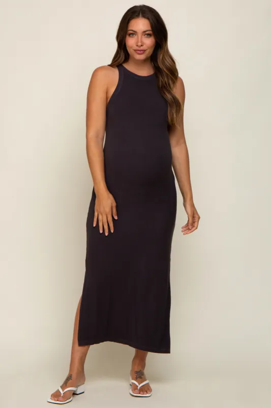 Charcoal Sleeveless Ribbed Side Slit Maternity Maxi Dress sold by Pinkblush