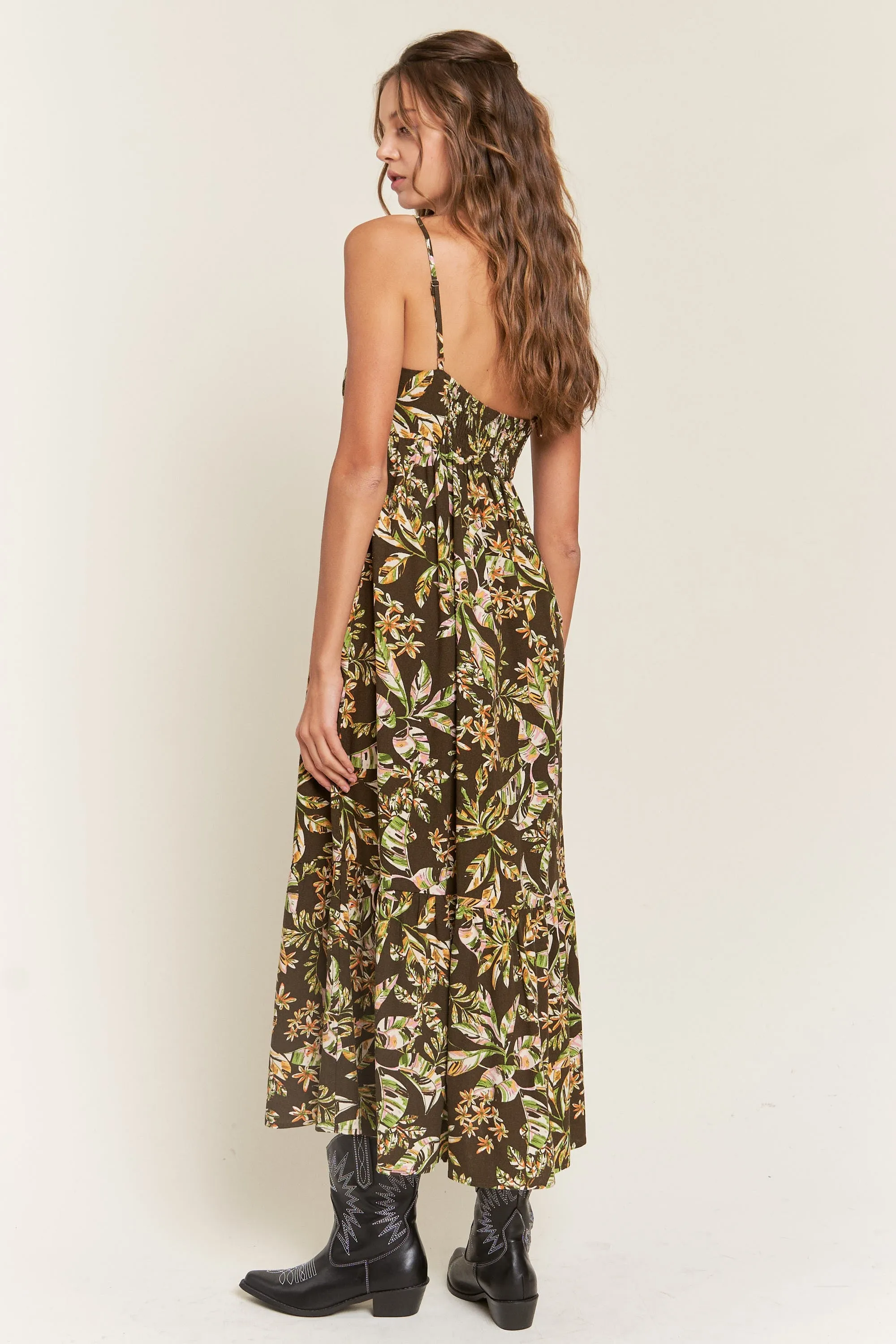 Brown Floral Sleeveless Front Cinched Midi Dress sold by Pinkblush product image thumbnail 2