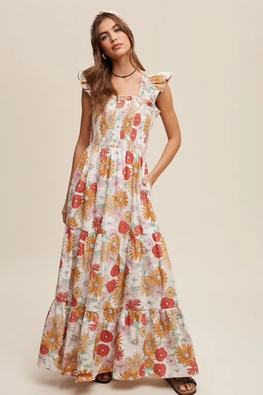 Ivory Floral Smocked Tiered Maxi Dress sold by Pinkblush