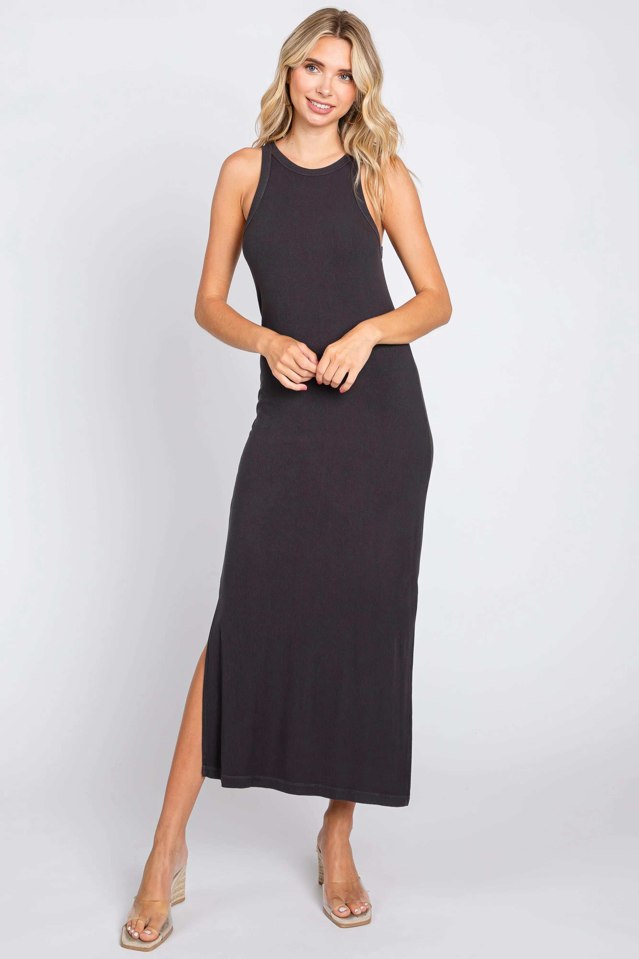 Charcoal Sleeveless Ribbed Side Slit Maternity Maxi Dress sold by Pinkblush product image thumbnail 5