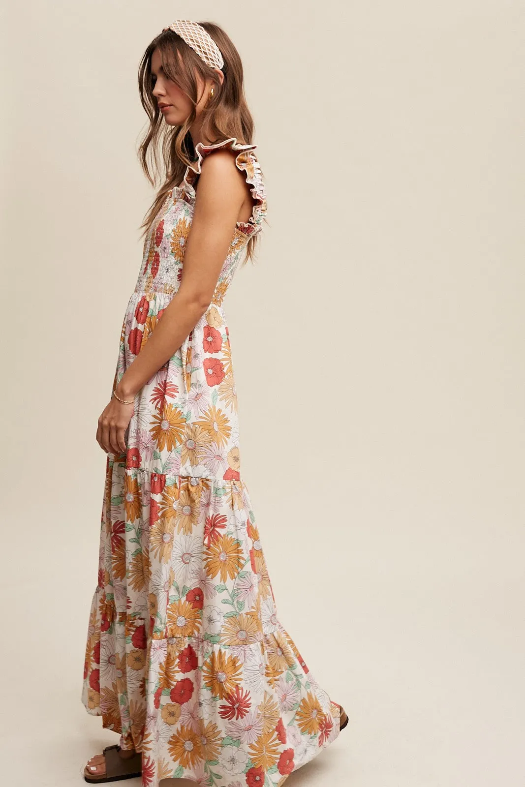 Ivory Floral Smocked Tiered Maxi Dress sold by Pinkblush product image thumbnail 2