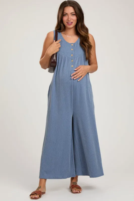 Blue Ribbed Sleeveless Button Front Maternity Jumpsuit sold by Pinkblush
