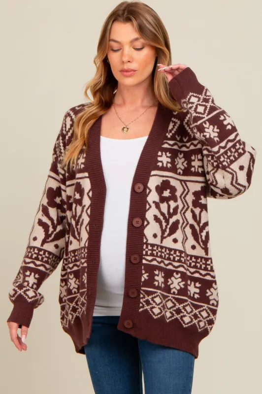 Mocha Printed Maternity Button Up Cardigan sold by Pinkblush