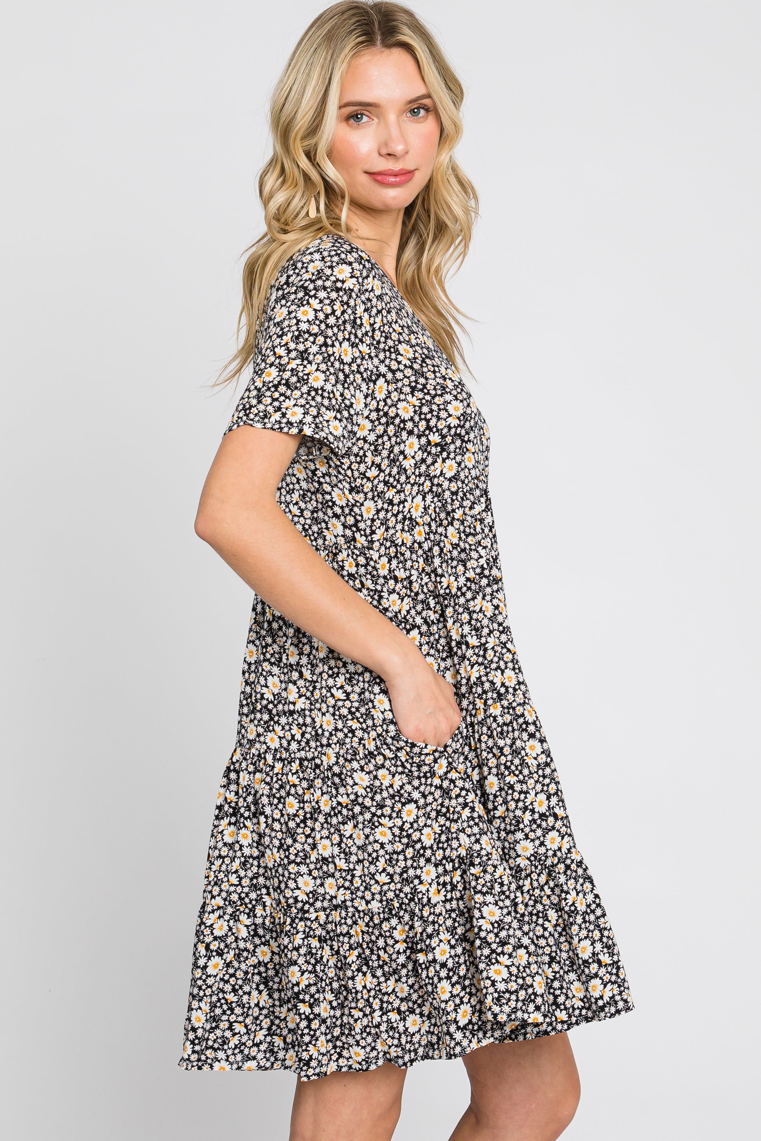 Black Floral Button Front Tiered Short Sleeve Dress sold by Pinkblush product image thumbnail 2