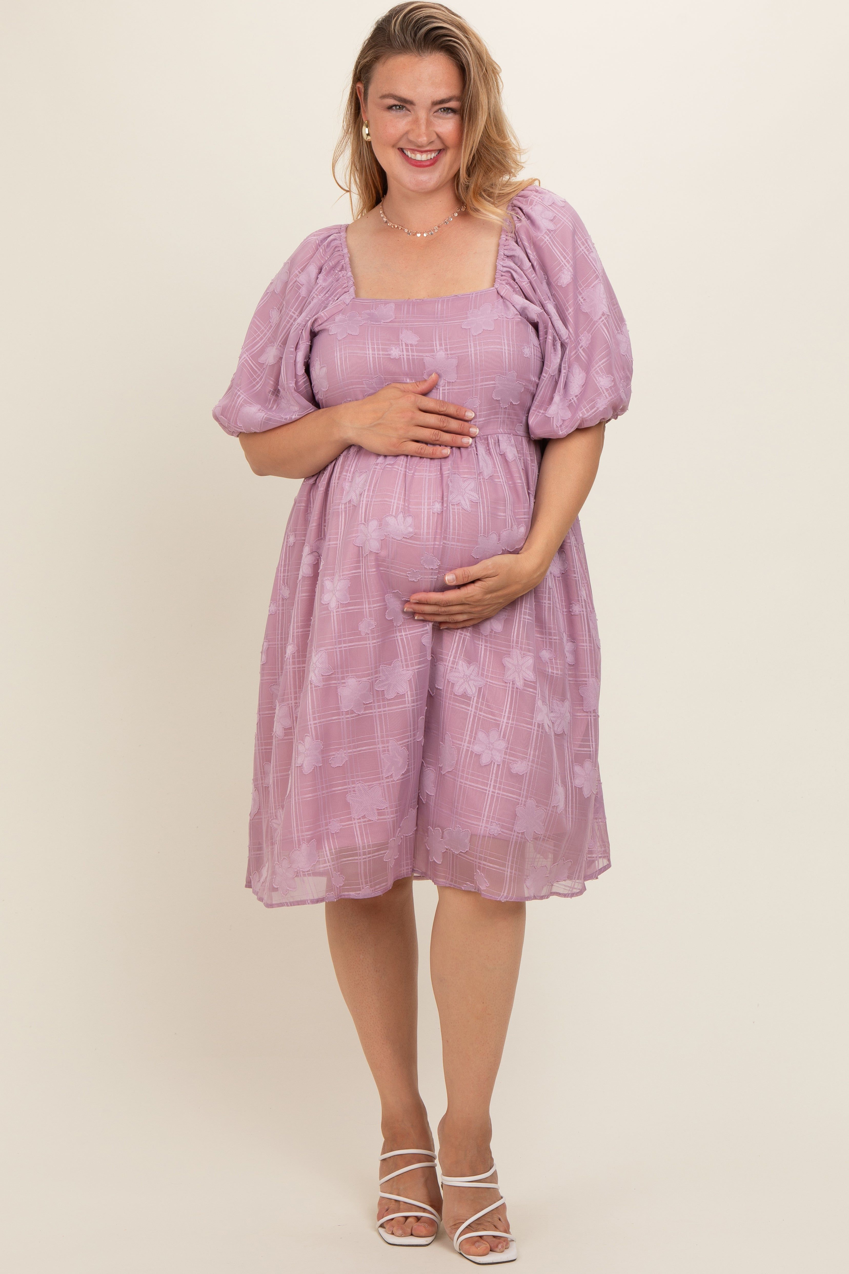 Pink Floral Embroidered Puff Sleeve Plus Maternity Midi Dress sold by Pinkblush product image thumbnail 2