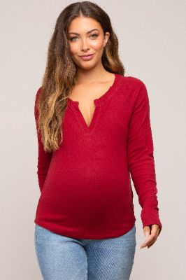 Burgundy Long Sleeve V-Neck Maternity Top sold by Pinkblush