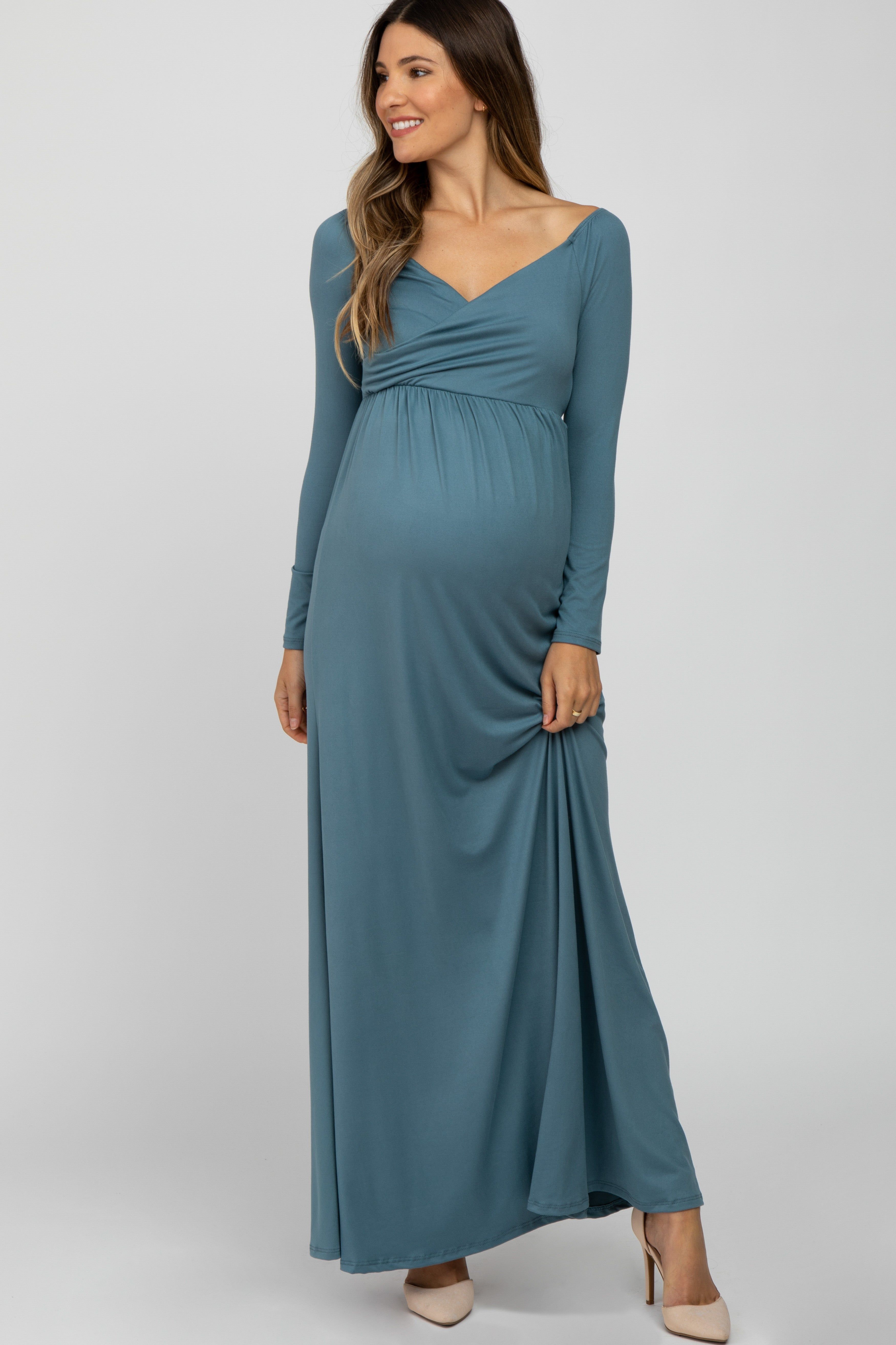 Turquoise Wrap Front Empire Waist Maternity Maxi Dress sold by Pinkblush