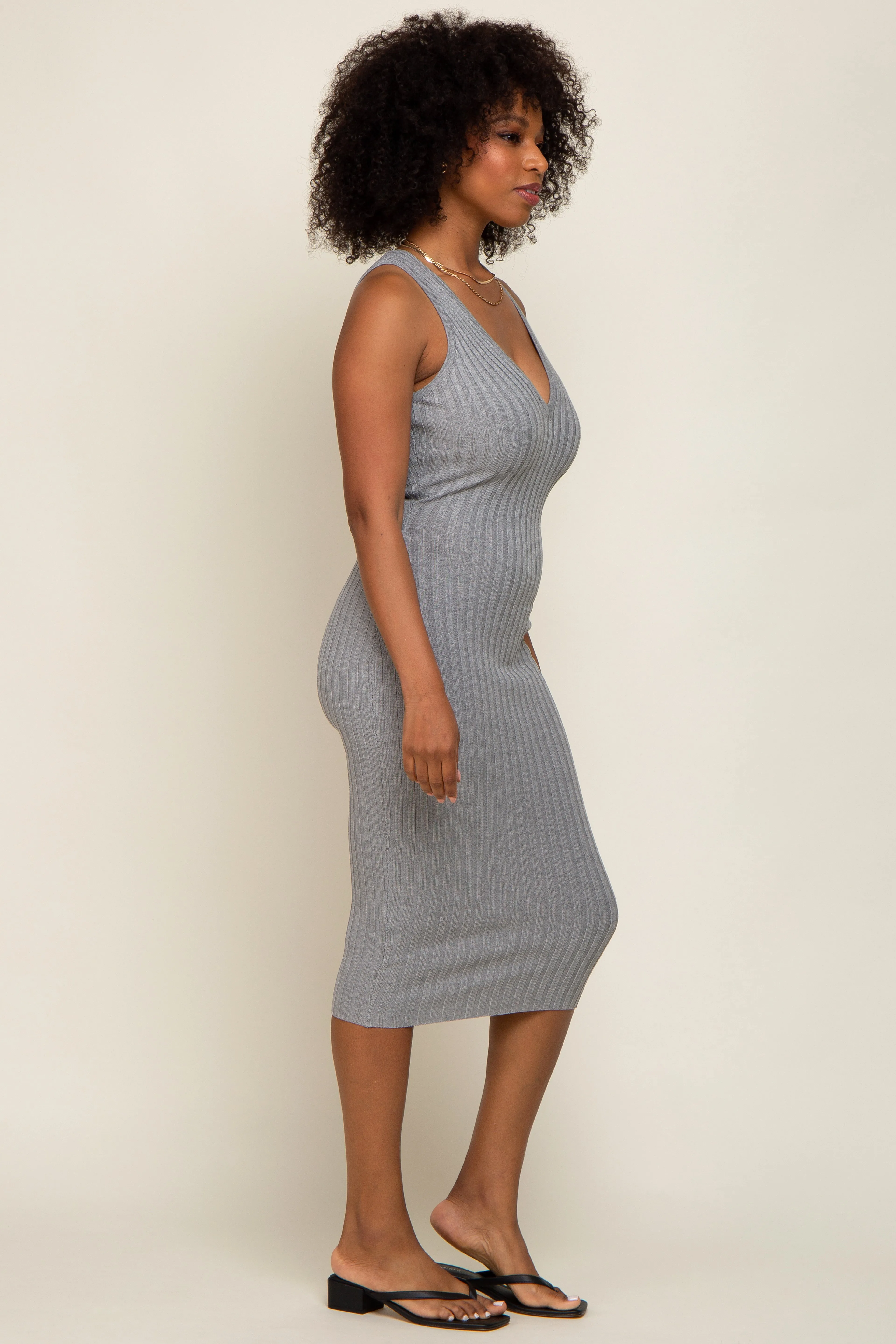 Heather Grey Ribbed Knit Fitted V-Neck Midi Dress sold by Pinkblush product image thumbnail 2