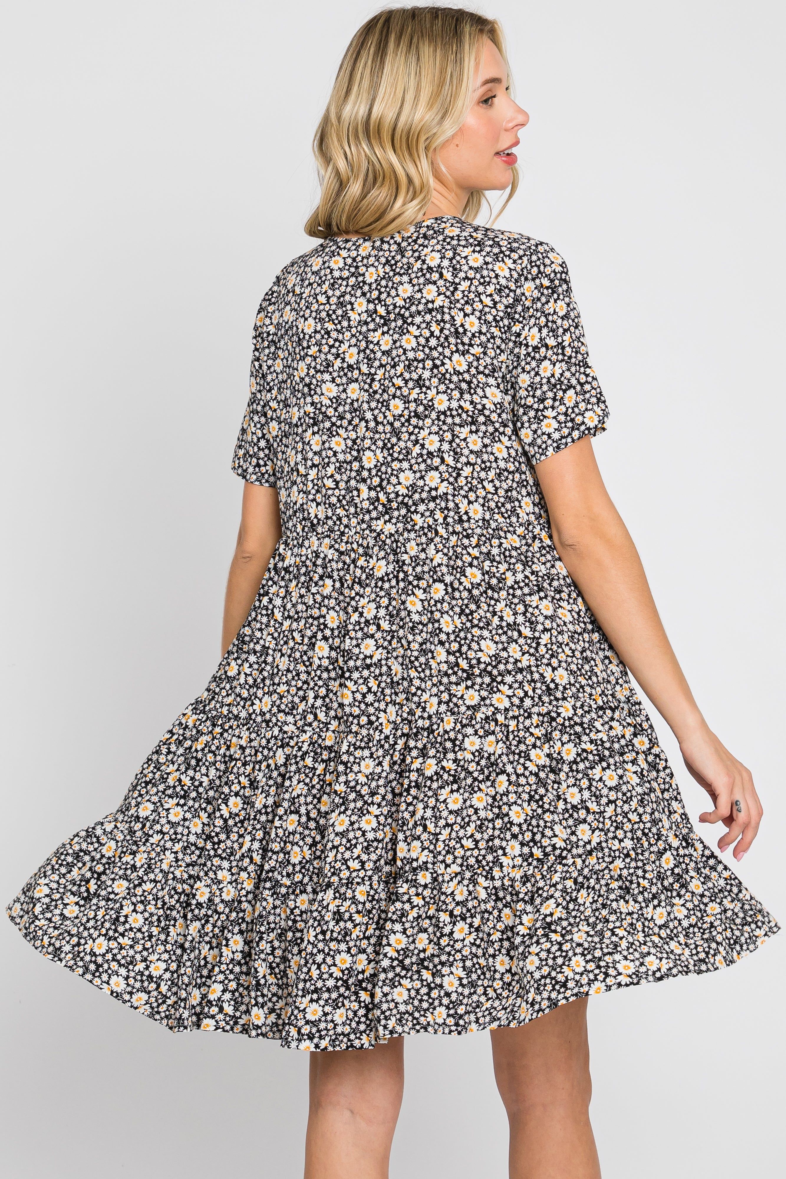 Black Floral Button Front Tiered Short Sleeve Dress sold by Pinkblush product image thumbnail 3