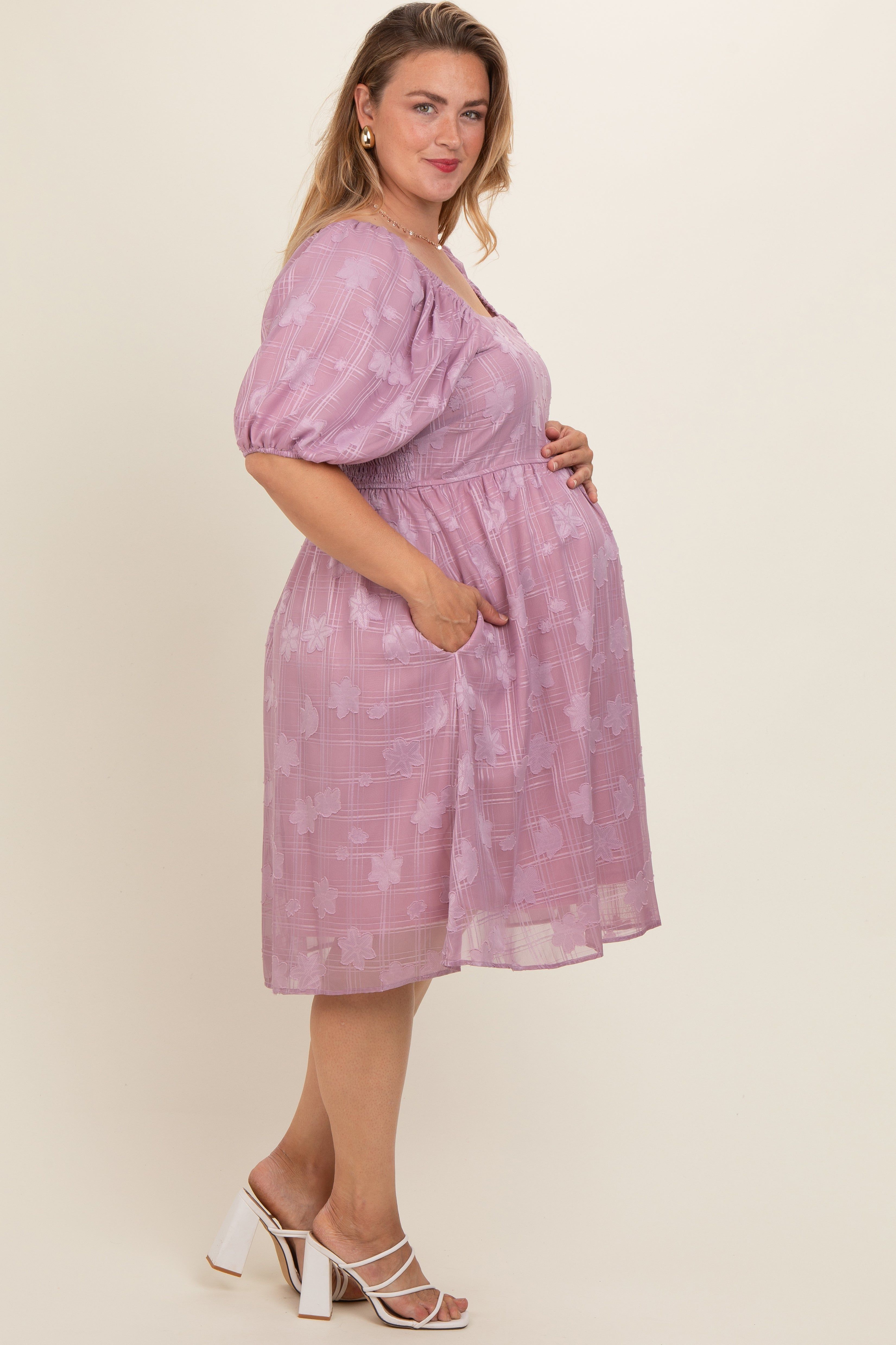 Pink Floral Embroidered Puff Sleeve Plus Maternity Midi Dress sold by Pinkblush product image thumbnail 3