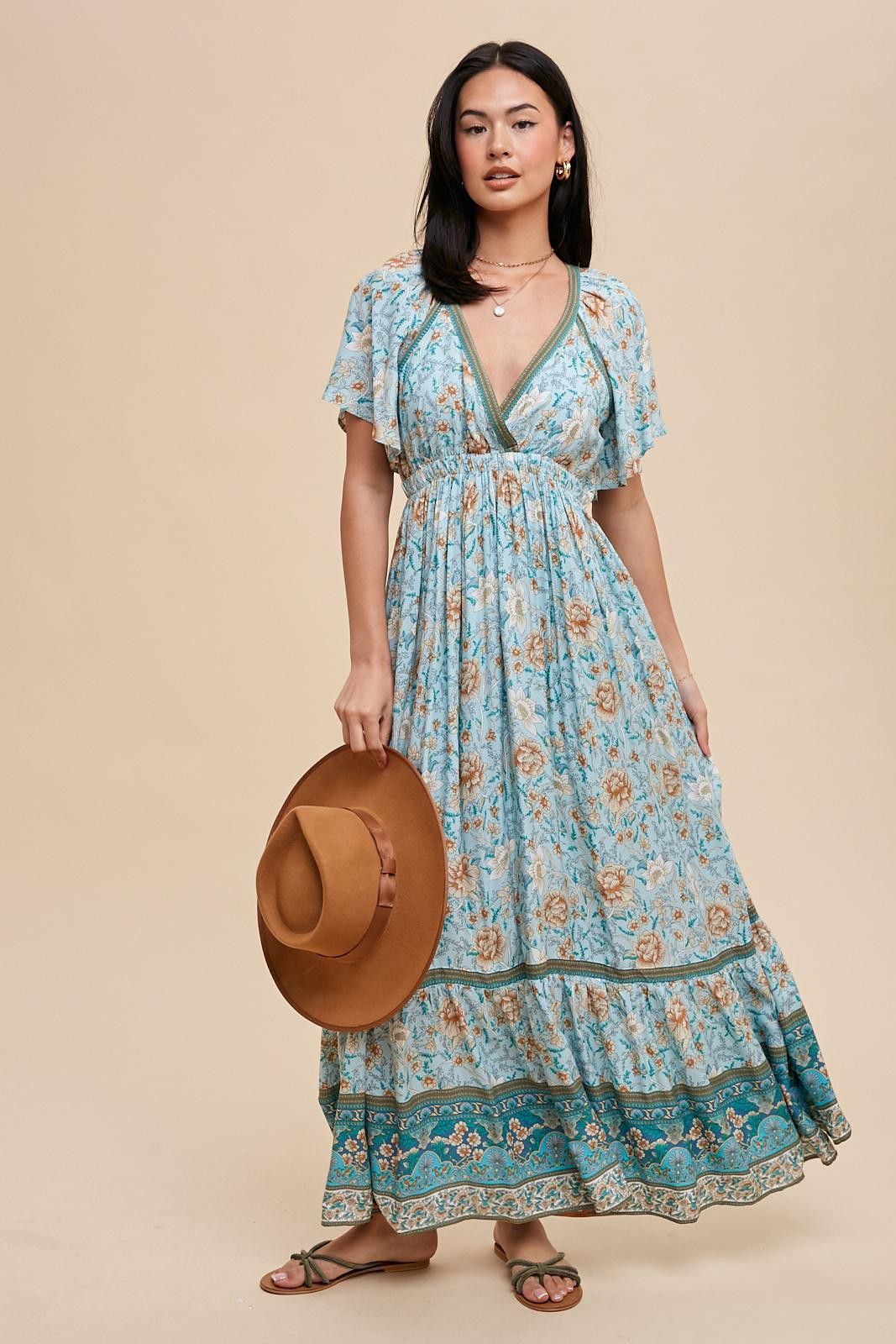 Light Blue Floral Flounce Sleeve Maxi Dress sold by Pinkblush