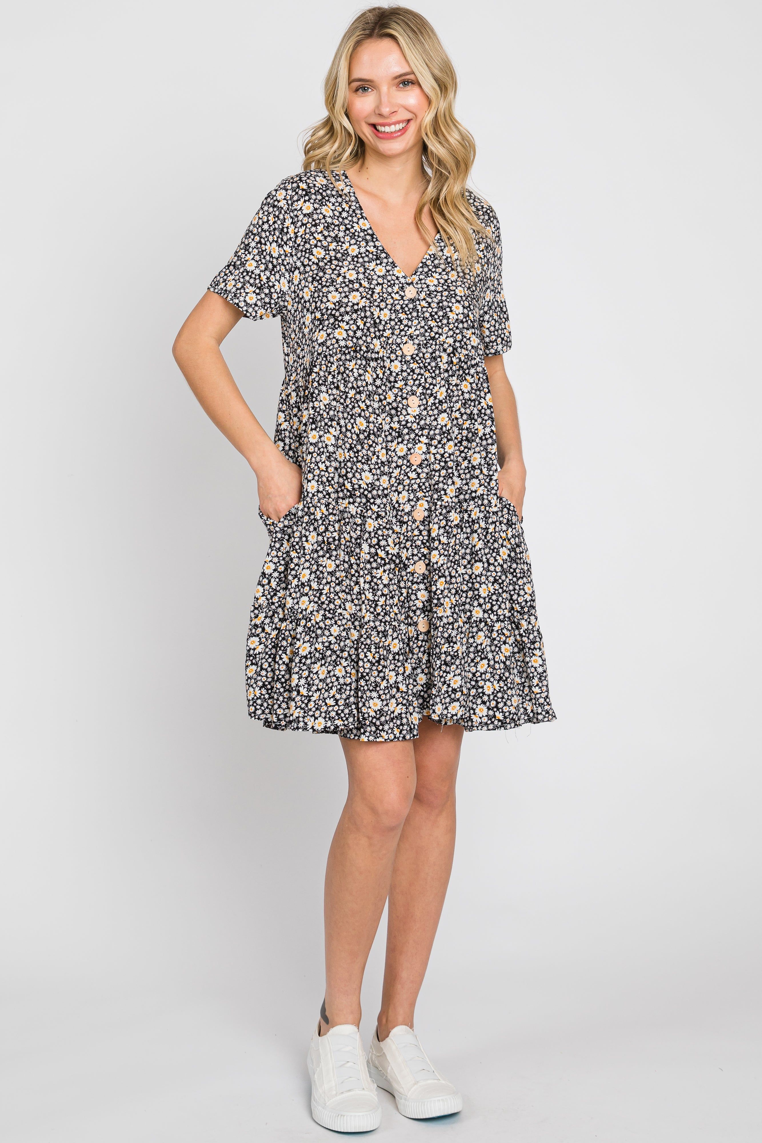 Black Floral Button Front Tiered Short Sleeve Dress sold by Pinkblush product image thumbnail 4