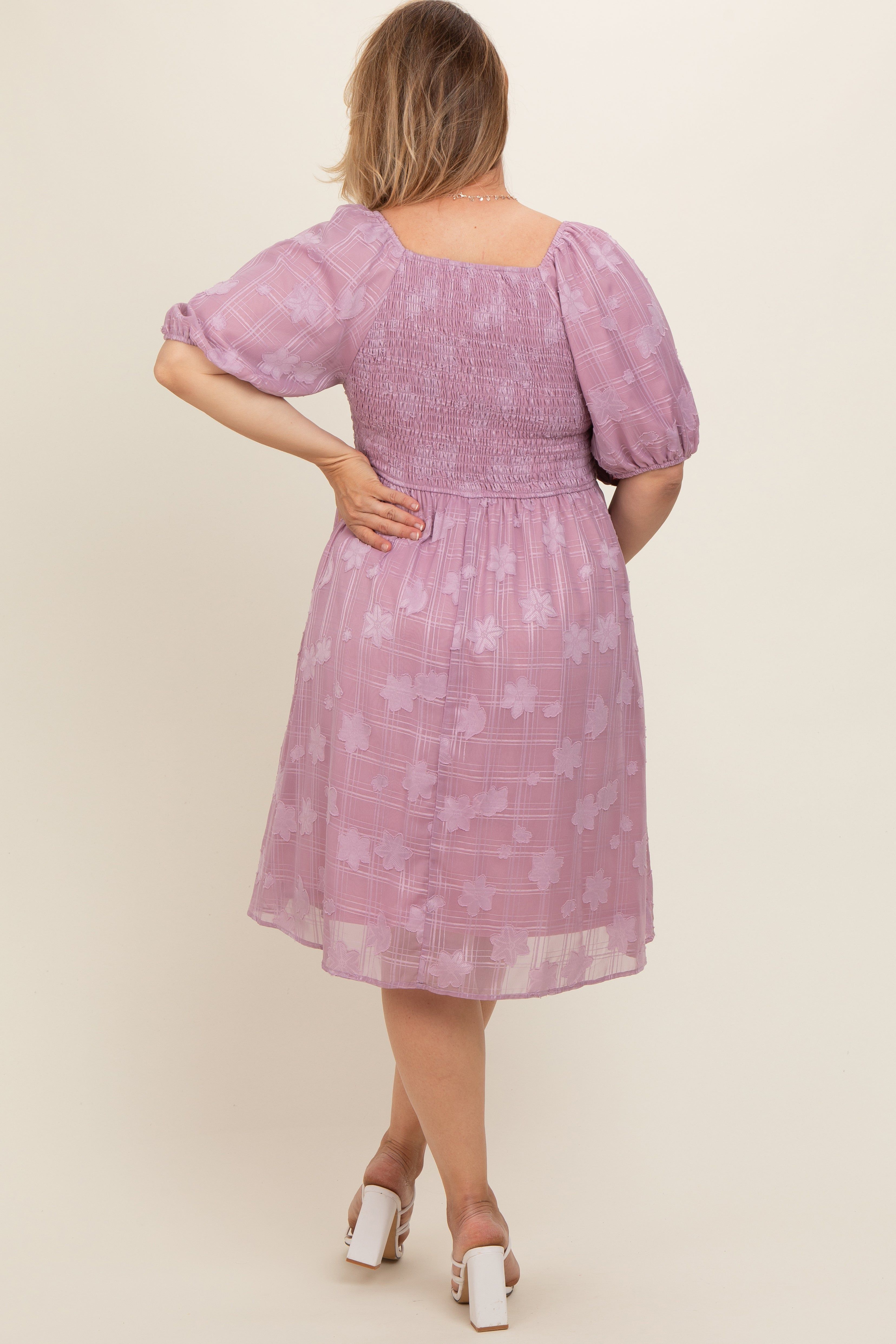 Pink Floral Embroidered Puff Sleeve Plus Maternity Midi Dress sold by Pinkblush product image thumbnail 4
