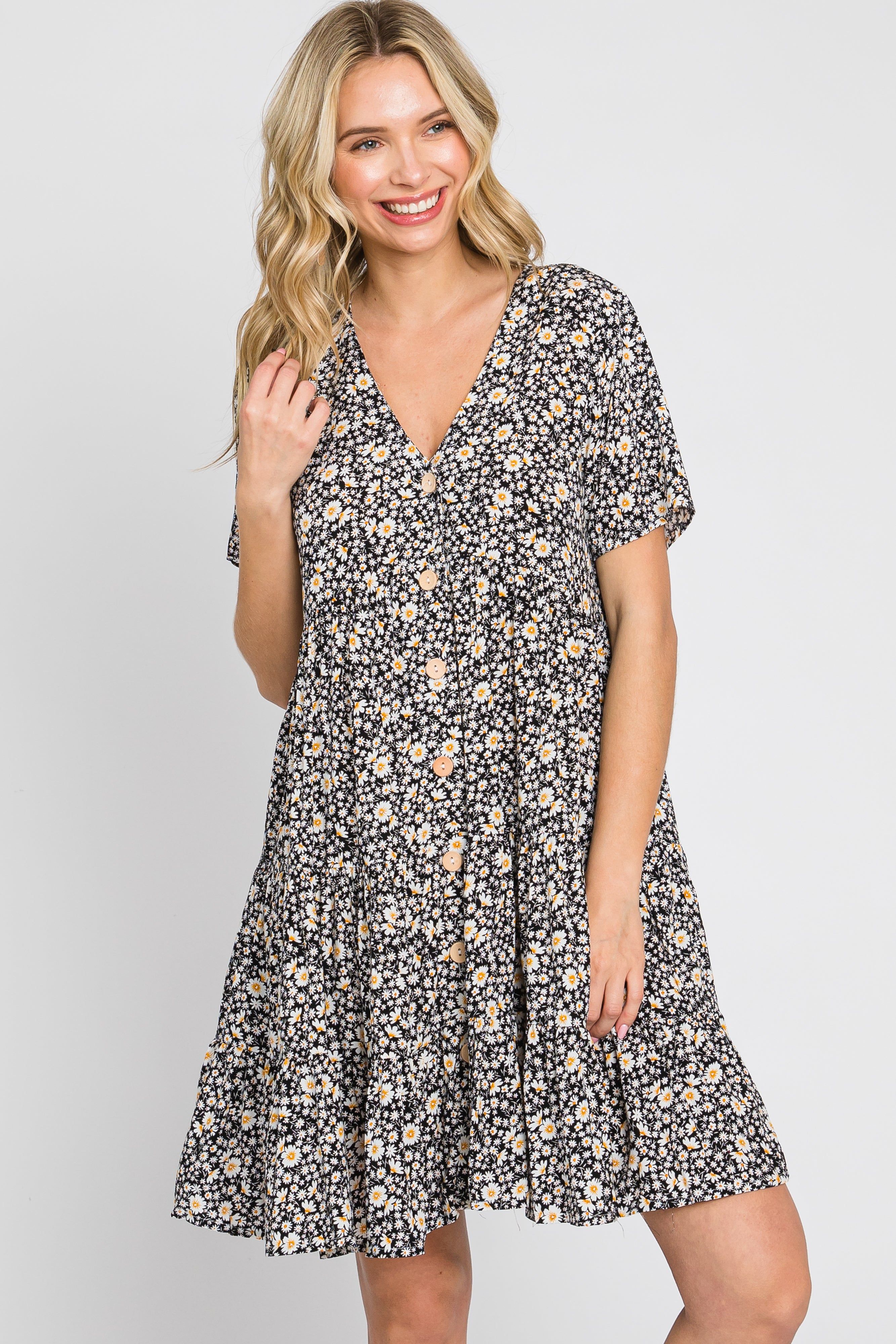 Black Floral Button Front Tiered Short Sleeve Dress sold by Pinkblush
