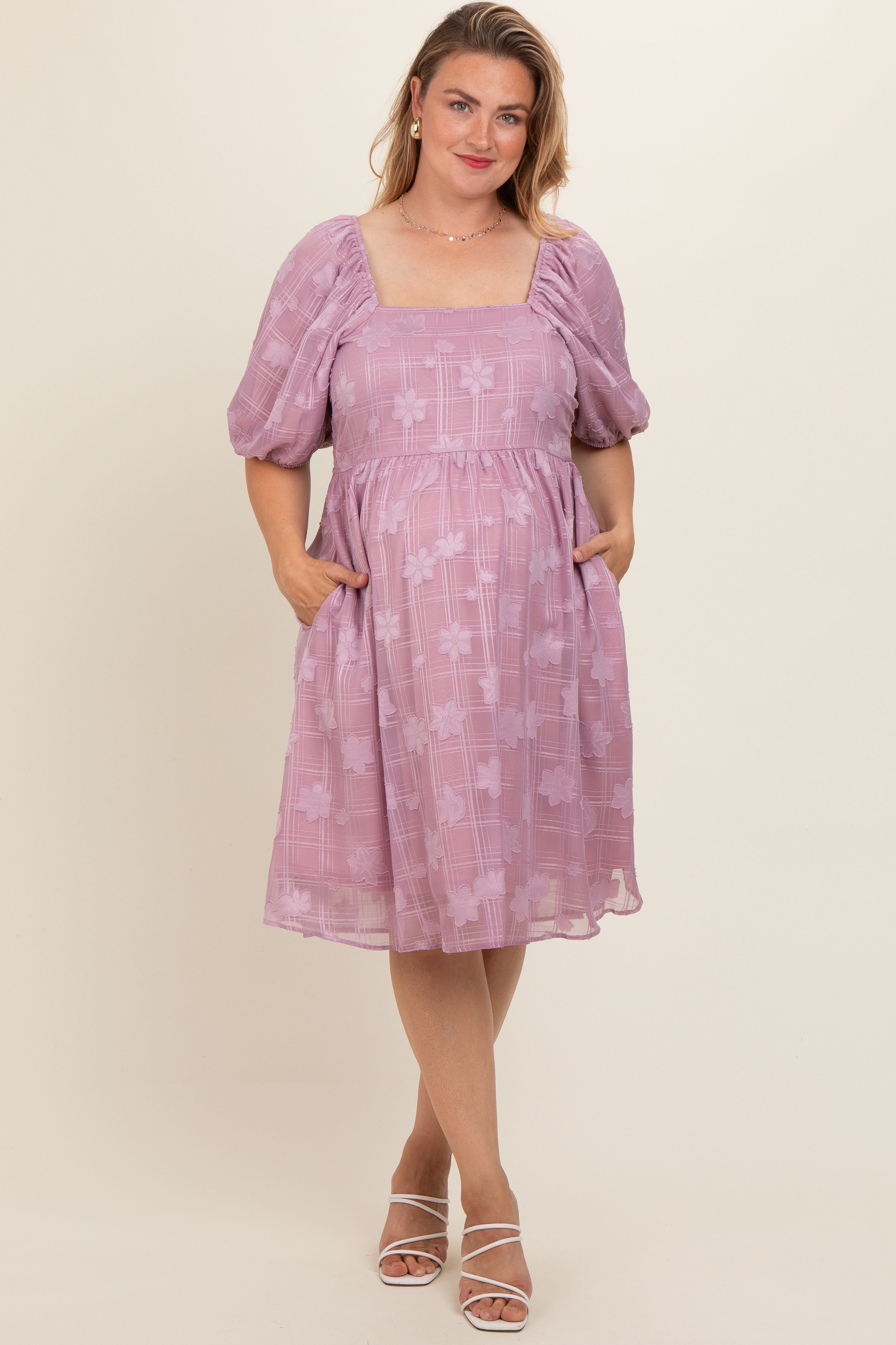Pink Floral Embroidered Puff Sleeve Plus Maternity Midi Dress sold by Pinkblush