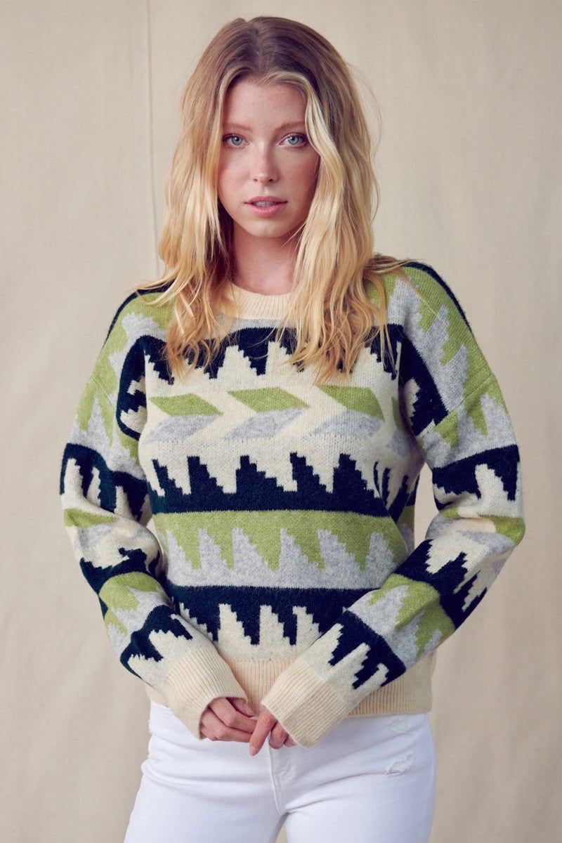 Hunter Green Multi Geometric Fair Isle Pullover Sweater sold by Pinkblush