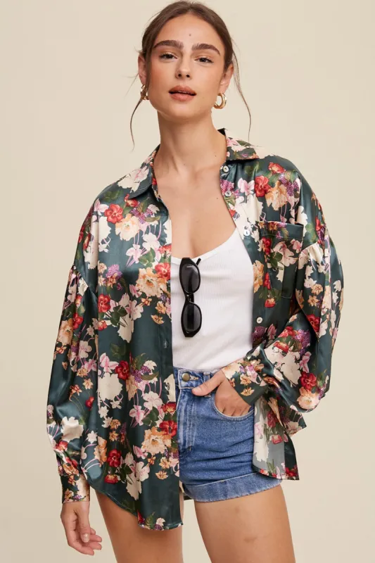 Teal Flower Print Button Down Oversized Satin Blouse sold by Pinkblush