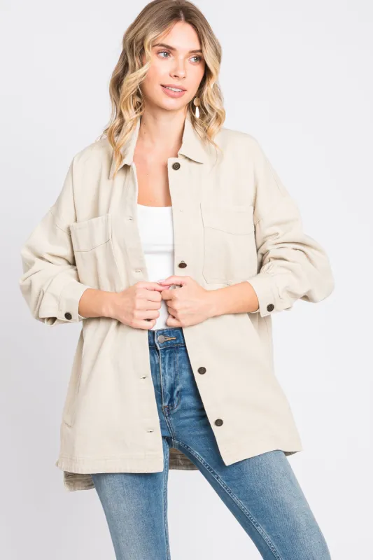 Beige Denim Button Down Button Down Jacket sold by Pinkblush