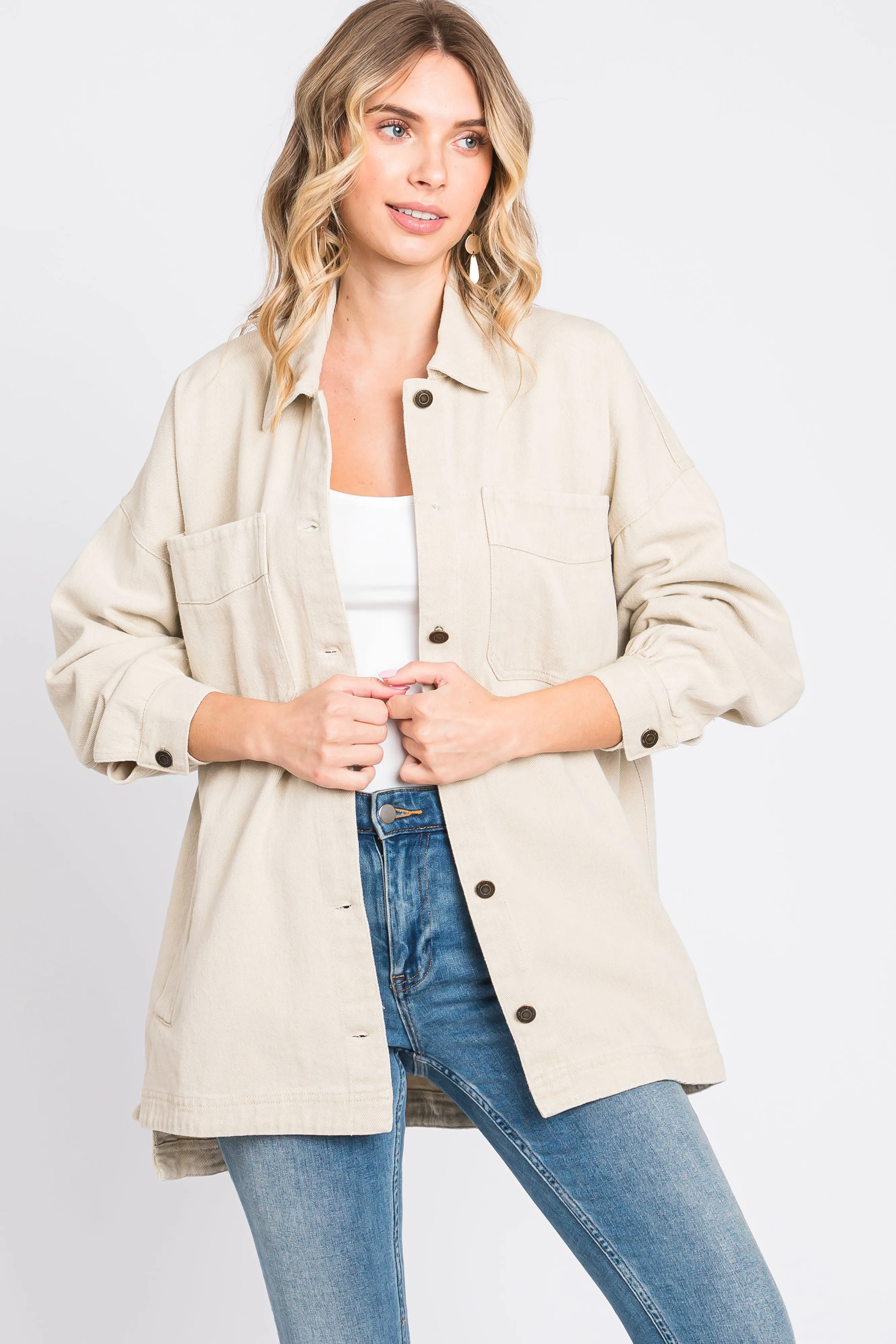Beige Denim Button Down Button Down Jacket sold by Pinkblush