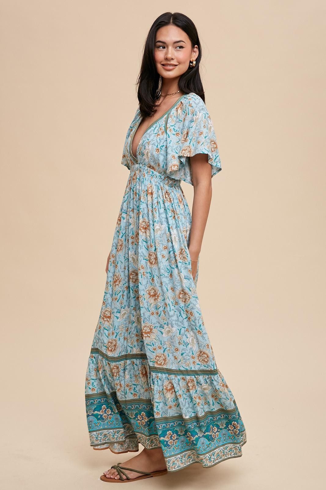 Light Blue Floral Flounce Sleeve Maxi Dress sold by Pinkblush product image thumbnail 2
