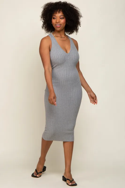 Heather Grey Ribbed Knit Fitted V-Neck Midi Dress sold by Pinkblush