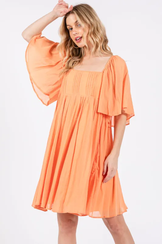 Orange Square Neck Pleated Flutter Short Sleeve Dress sold by Pinkblush