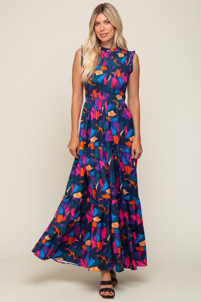 Multi-Color Print Smocked Ruffle Mock Neck Tiered Maxi Dress sold by Pinkblush product image thumbnail 4