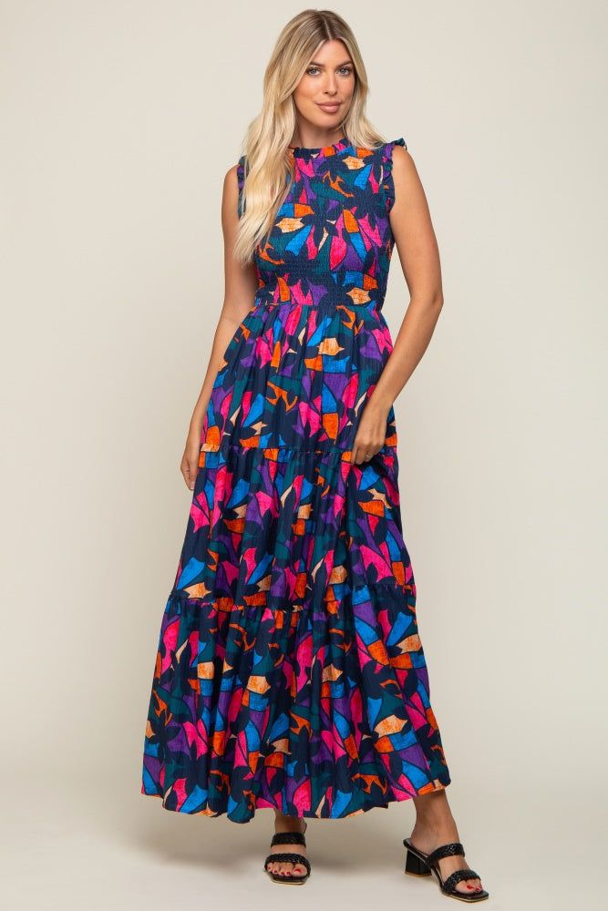 Multi-Color Print Smocked Ruffle Mock Neck Tiered Maxi Dress sold by Pinkblush