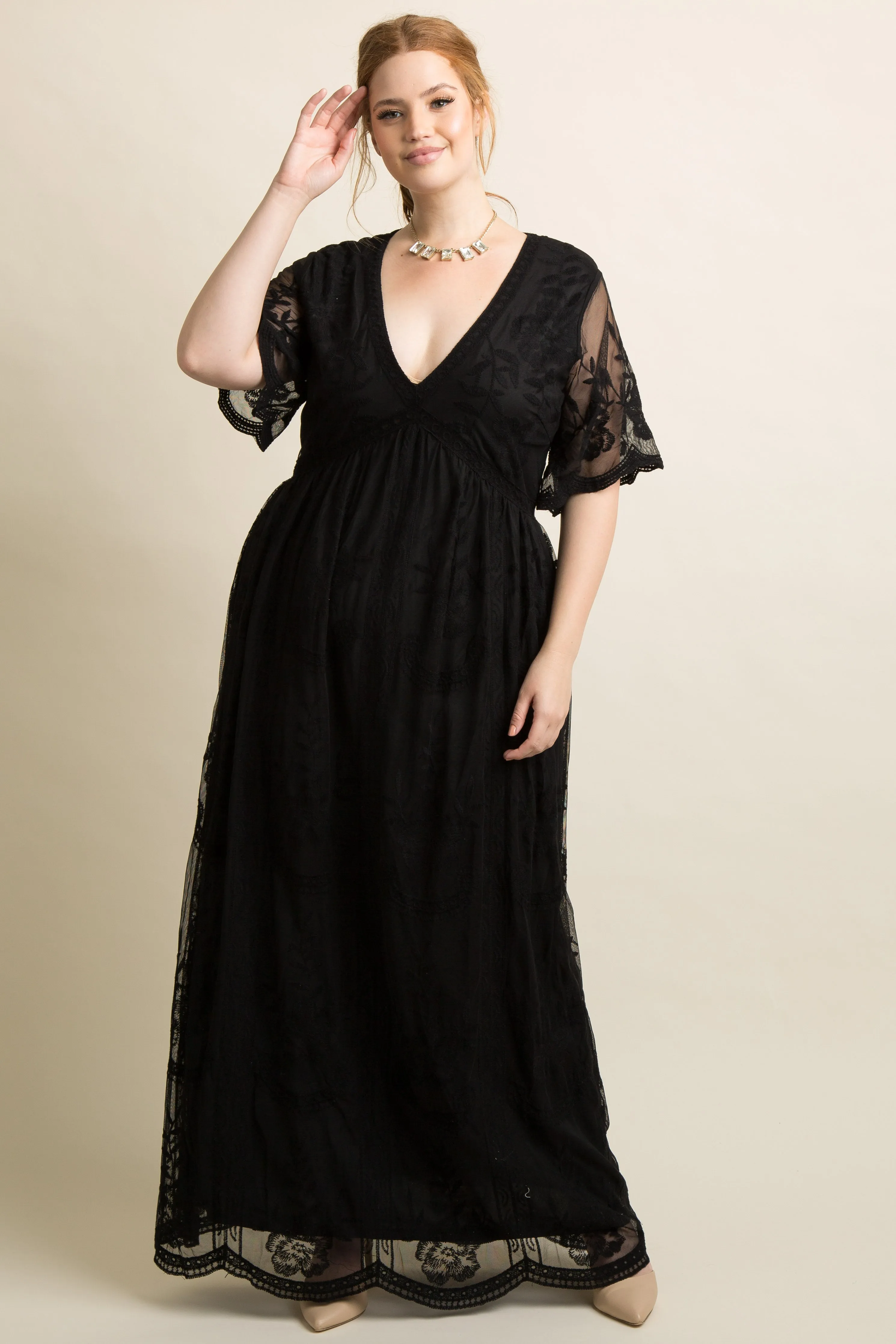 PinkBlush Black Lace Mesh Overlay Plus Maxi Dress sold by Pinkblush