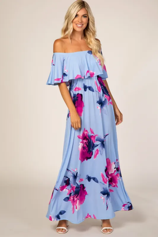 Light Blue Floral Off Shoulder Maxi Dress sold by Pinkblush